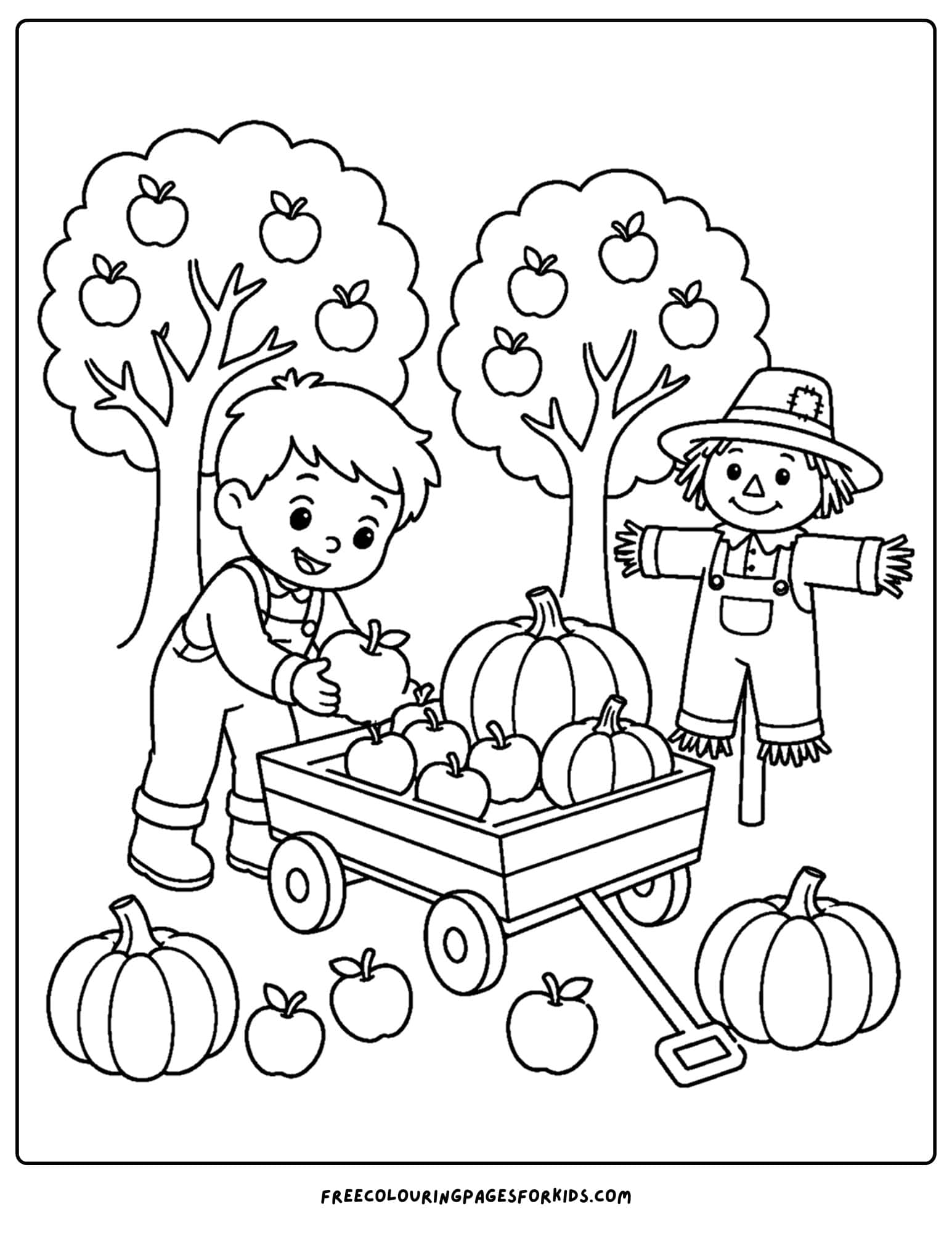 a harvest coloring page showing a child with a wagon full of pumpkins with apple trees behind them