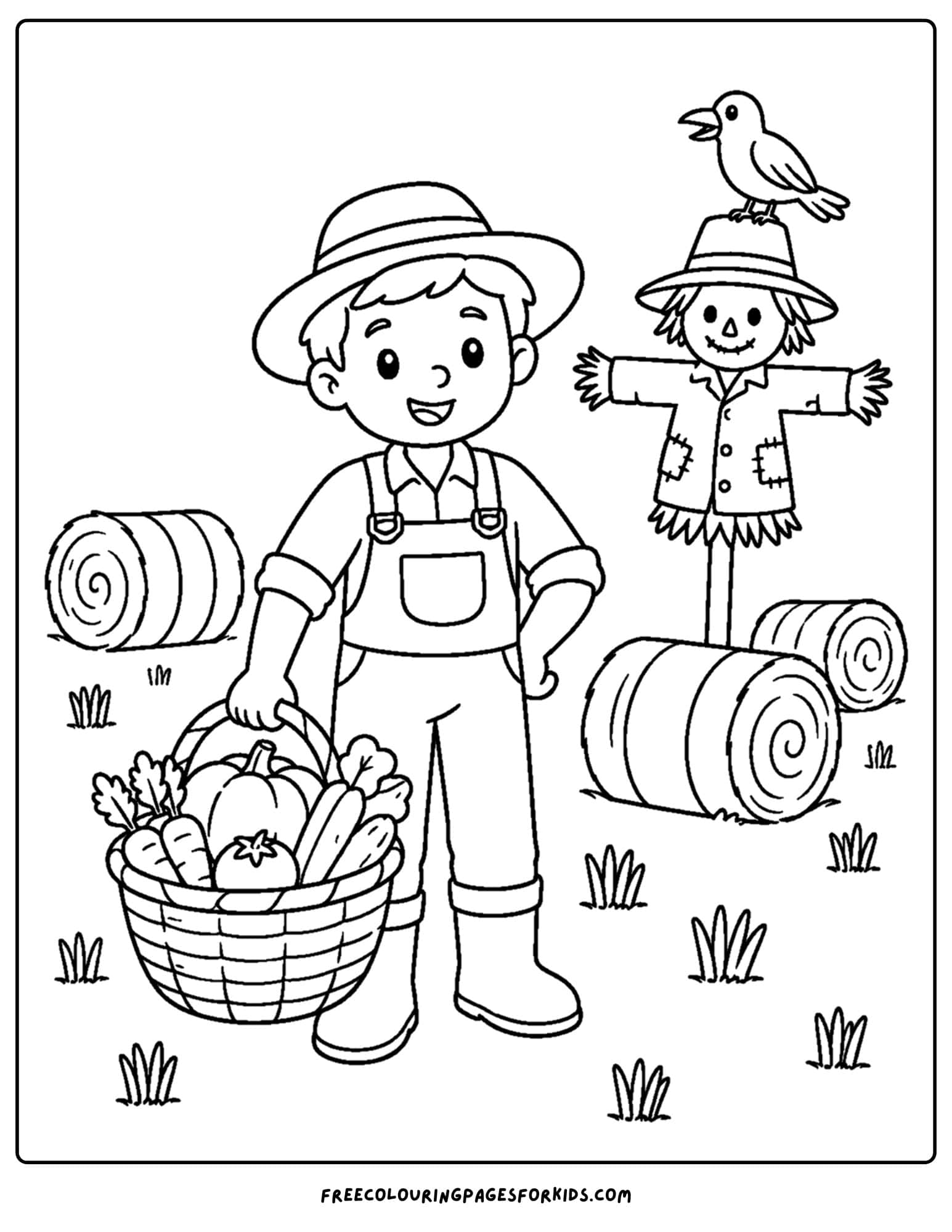 a harvest coloring page showing a farmer surrounded by fall leaves carrying a basket of vegetables