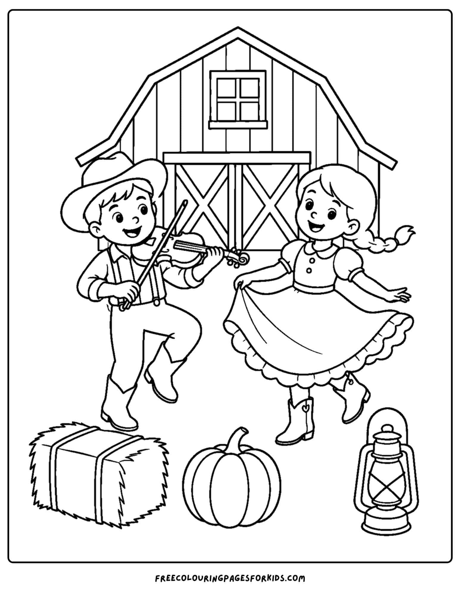 a harvest coloring page showing a barn dance scene with people paying music and dancing