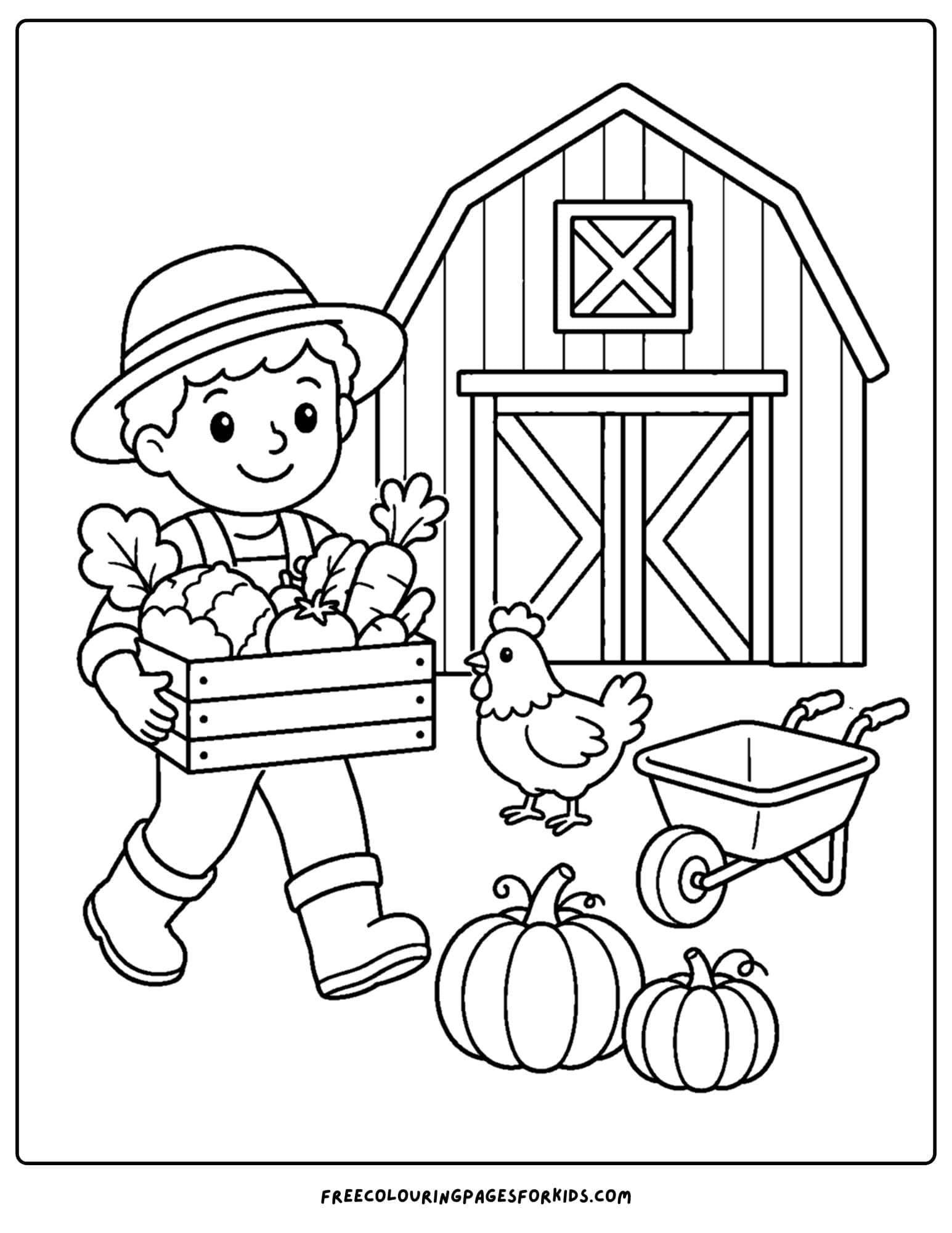 a harvest coloring page showing a farmer carrying a crate of vegetables in front of a barn