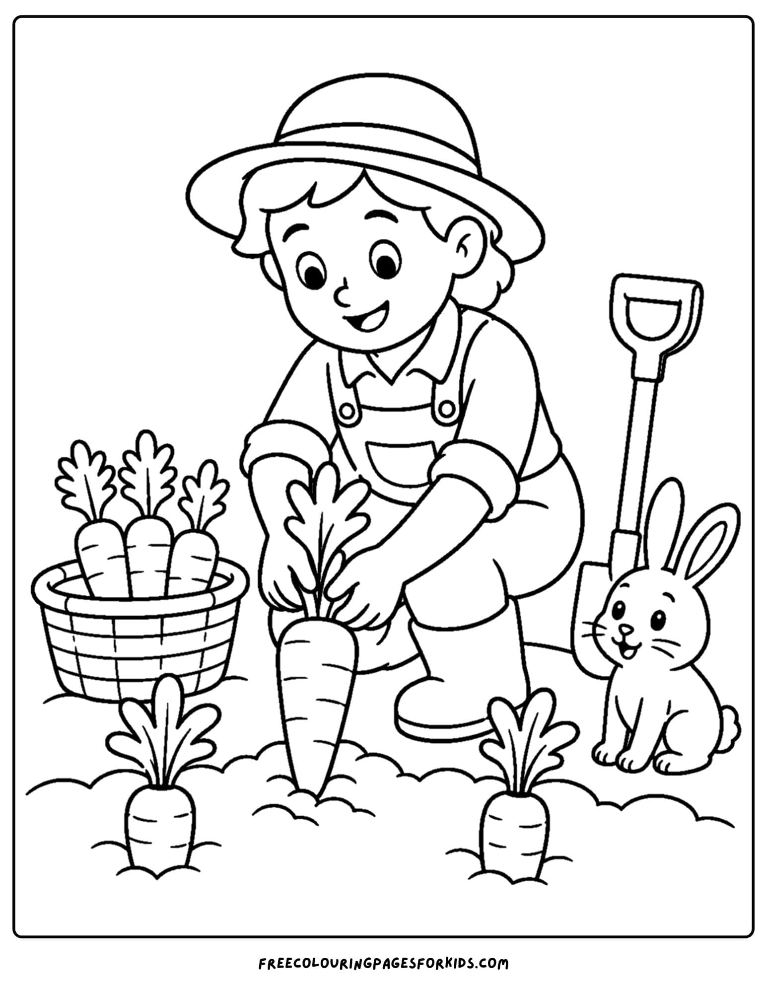 a harvest coloring page showing a farmer pulling carrots from the vegetable garden