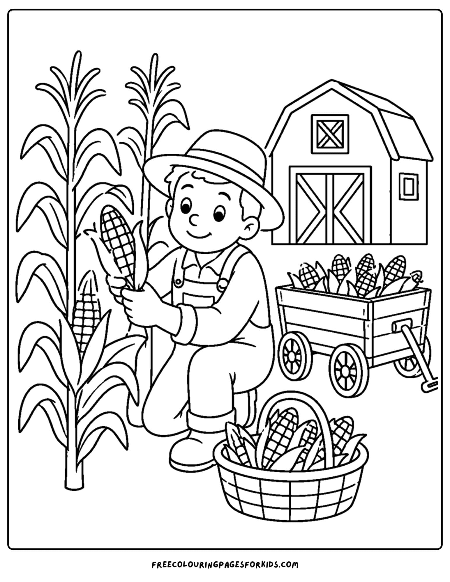 a harvest coloring page showing a farmer hand picking corn from a field