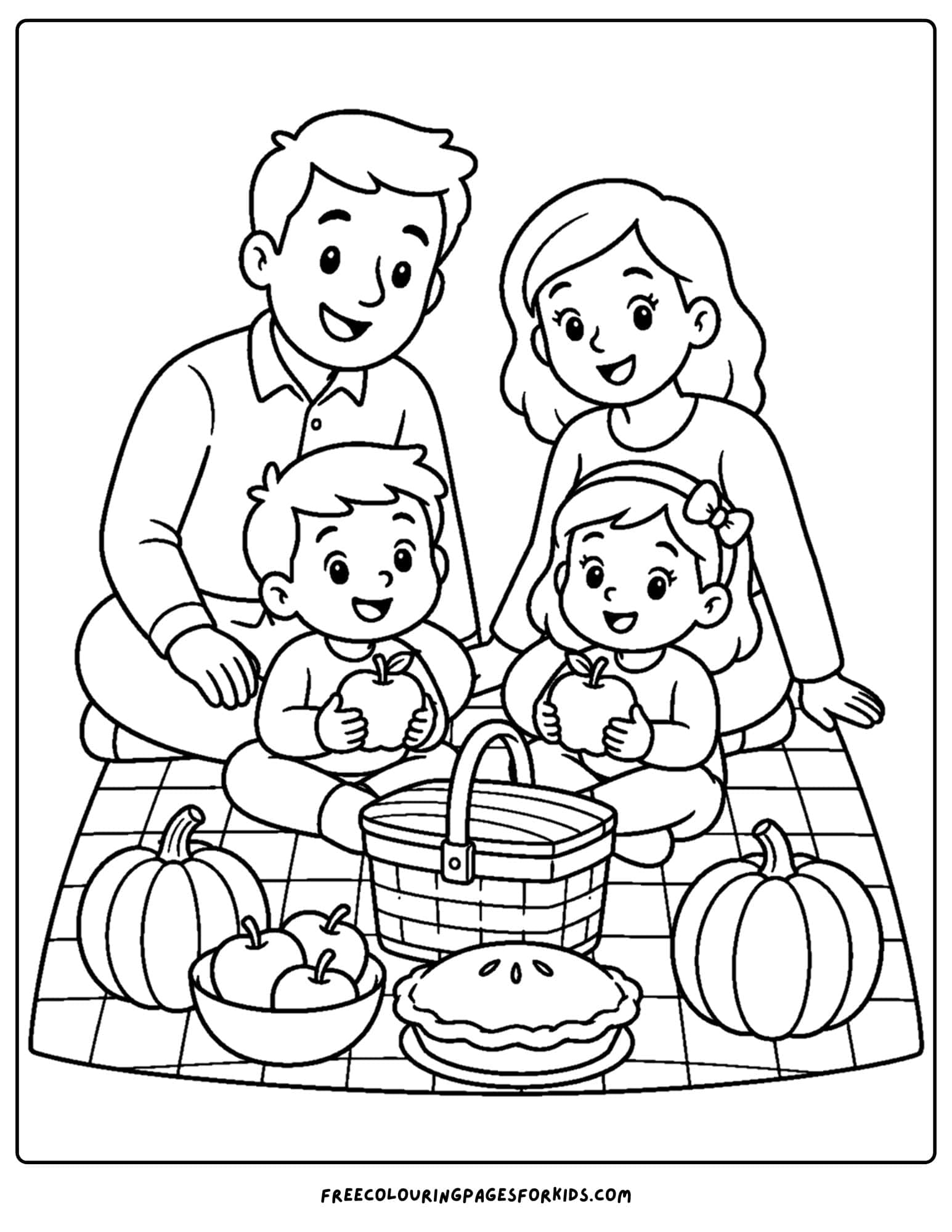 a harvest coloring page showing a family having a picnic with food made from their farm