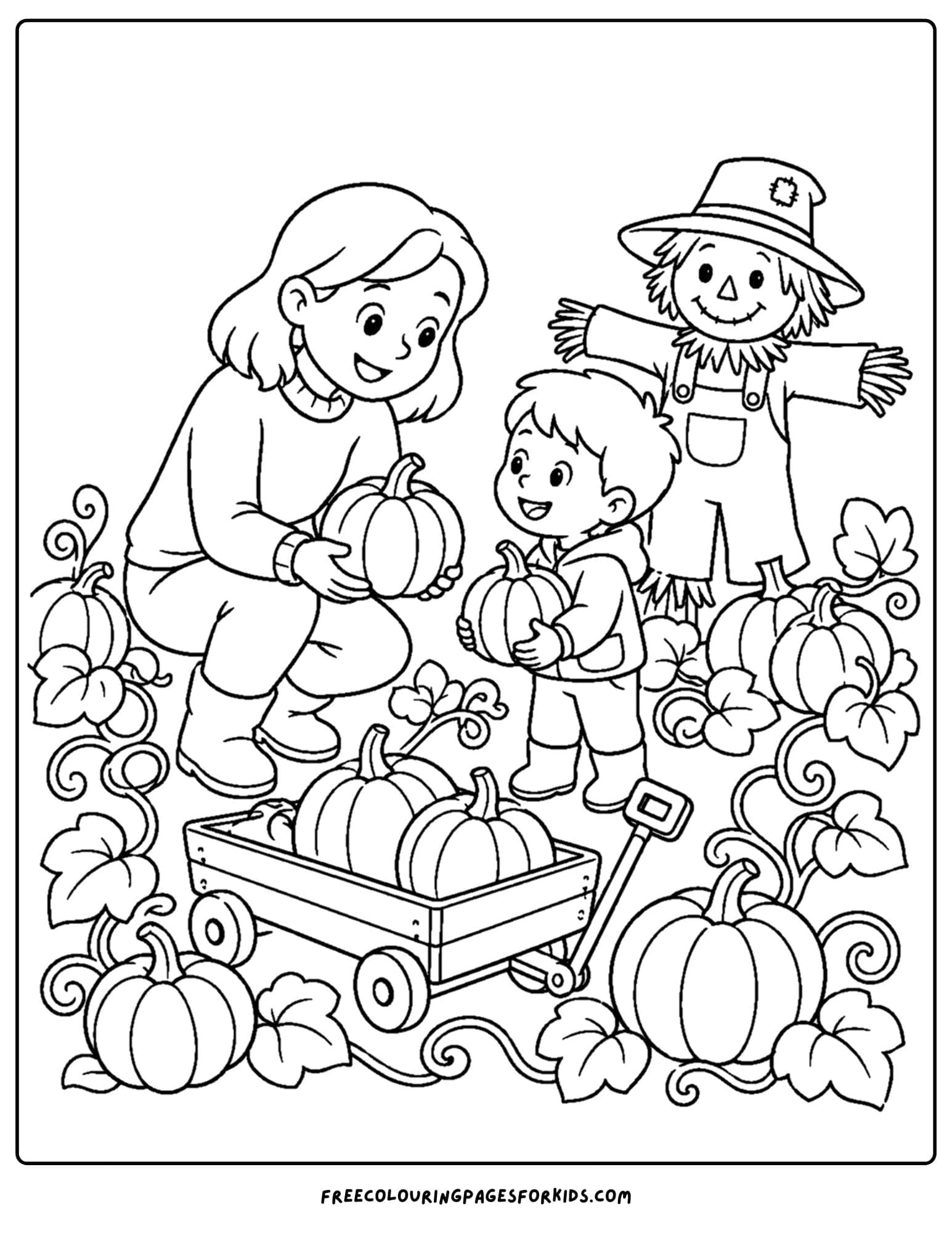 a harvest coloring page showing a family picking a pumpkin from a pumpkin field