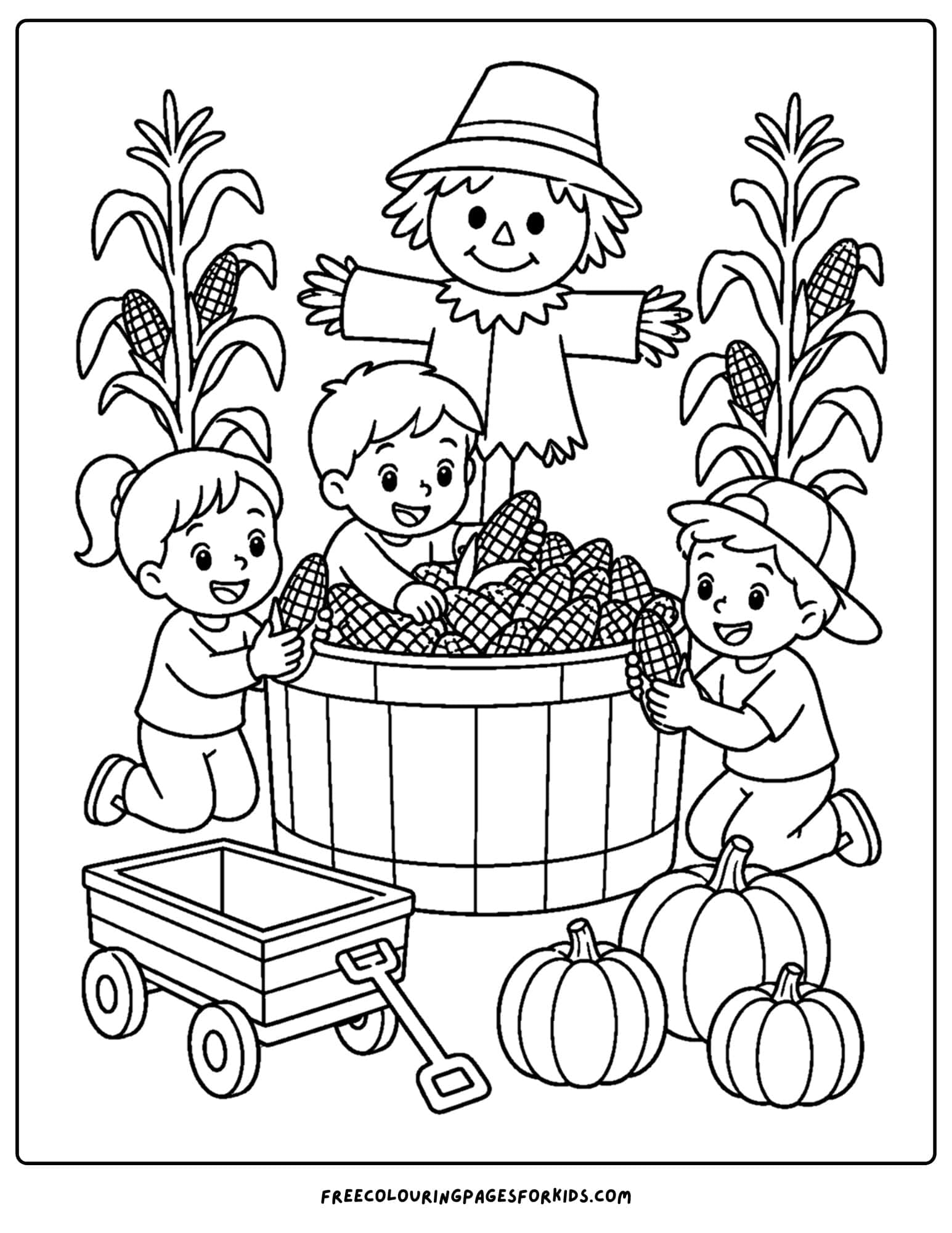 a harvest coloring page showing a kids around a bin full of corn