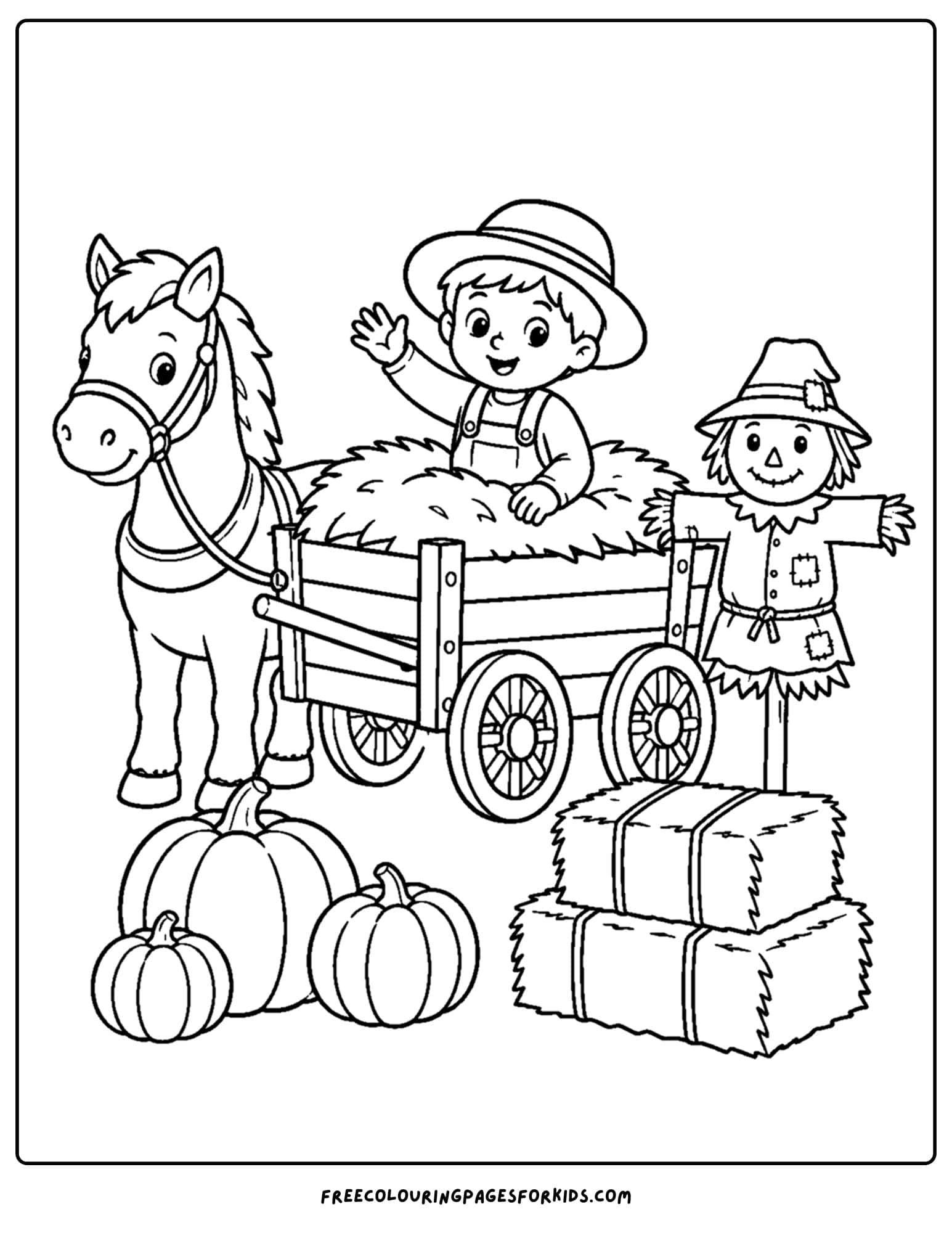 a harvest coloring page showing a horse and cart at a festival giving rides