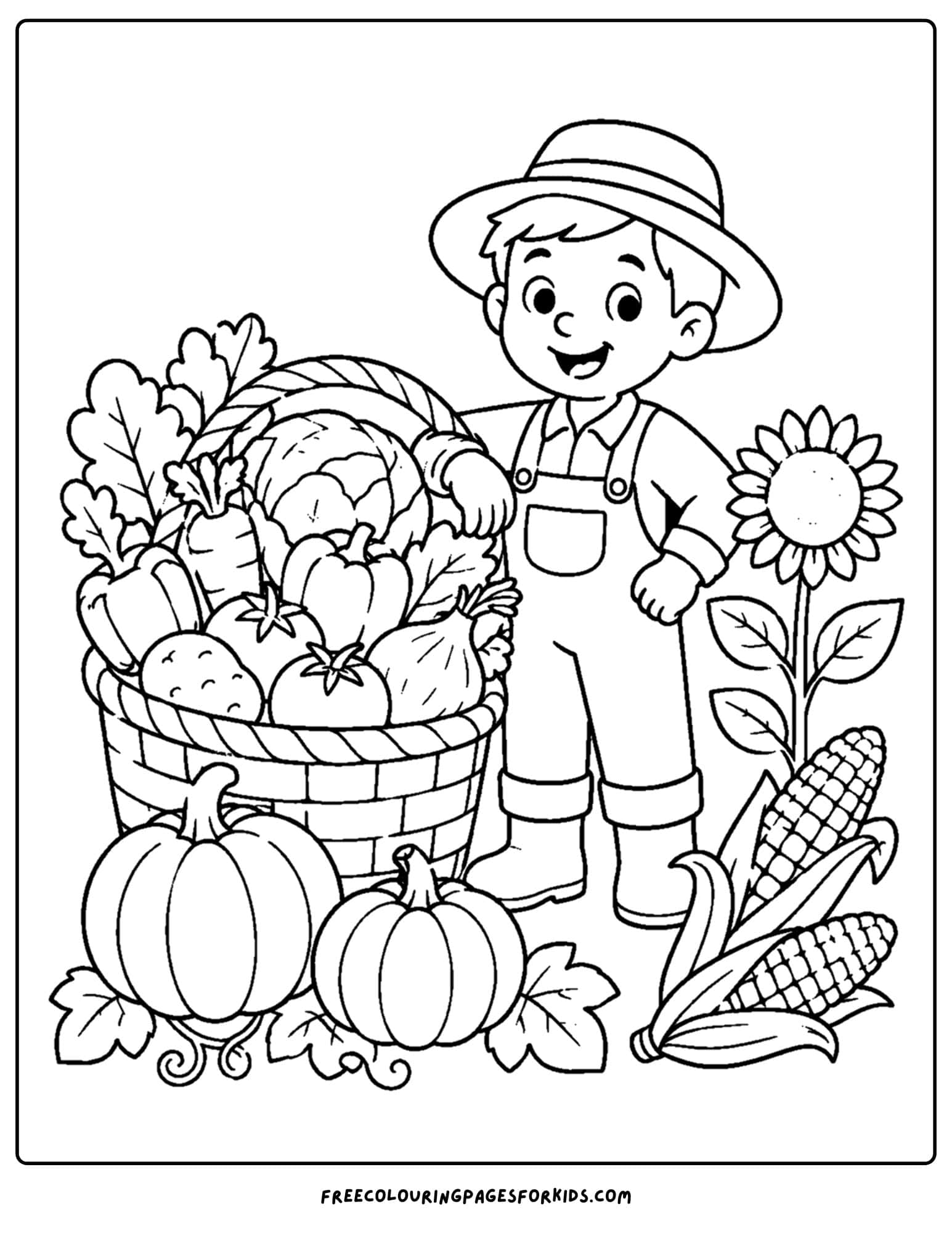 a harvest coloring page showing a farmer standing next to a big basket full of produce and a sunflower growing on the other side