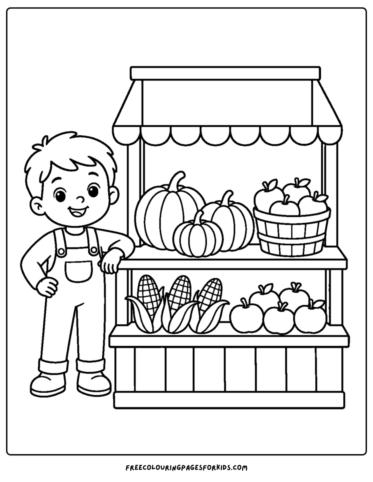 a harvest coloring page showing a child standing at a farm stand selling produce from their farm