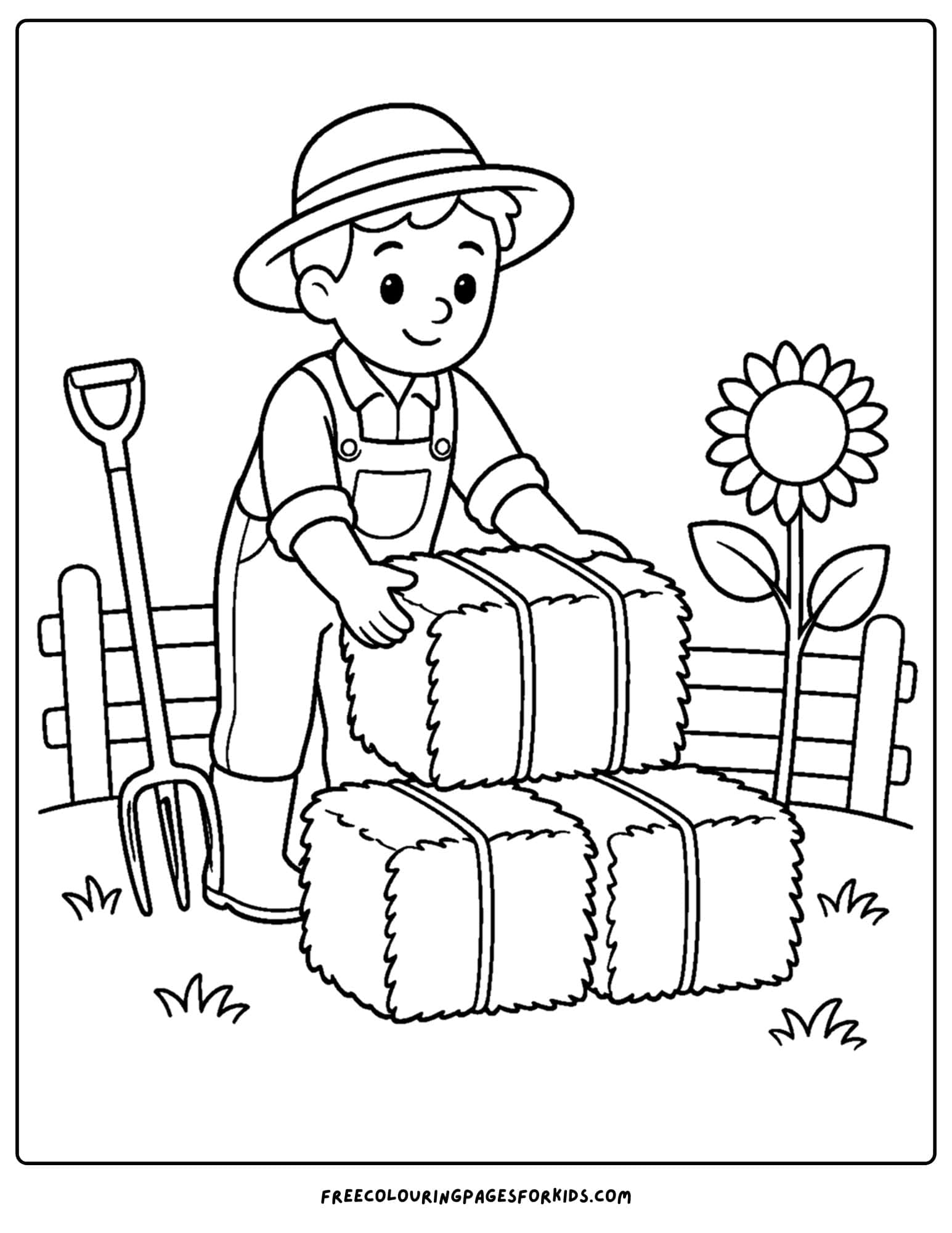 a harvest coloring page showing a farmer stacking hay bales beside a fence