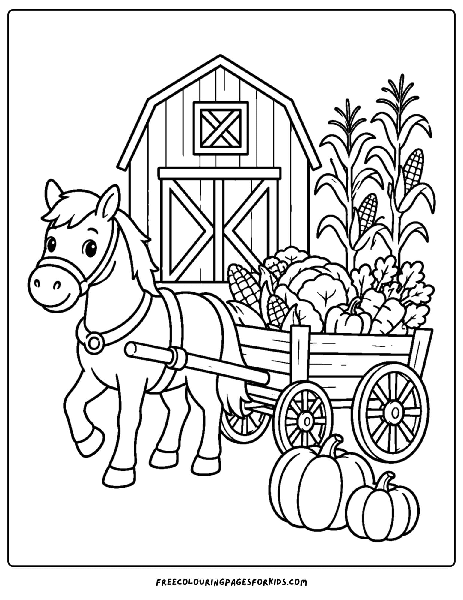 a harvest coloring page showing a horse and cart full of harvested produce