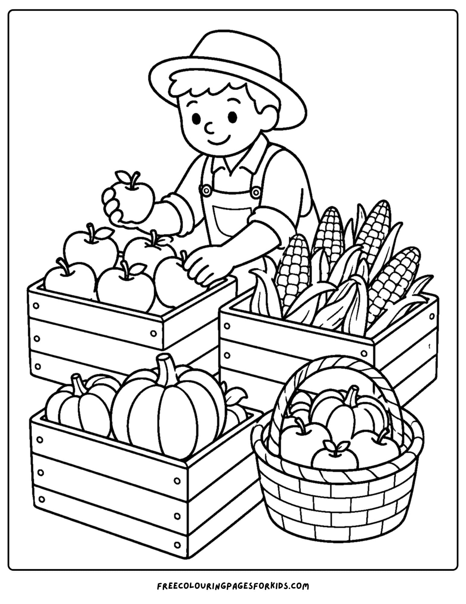 a harvest coloring page showing a farmer sorting vegetables in crates