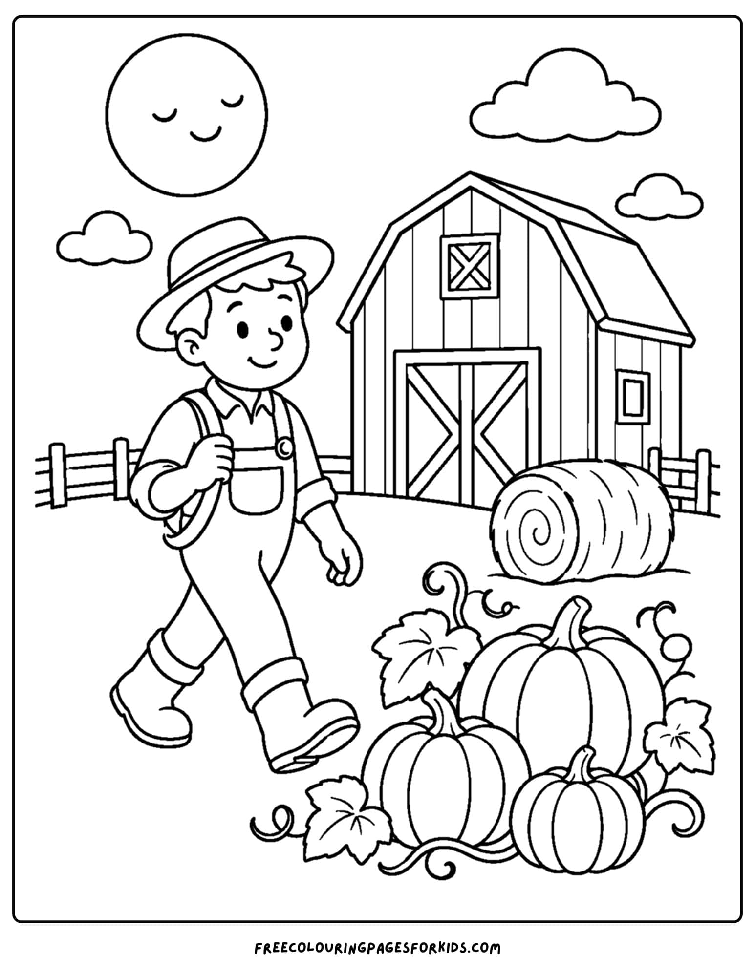 a harvest coloring page showing a farmer walking past a barn under the moonlight