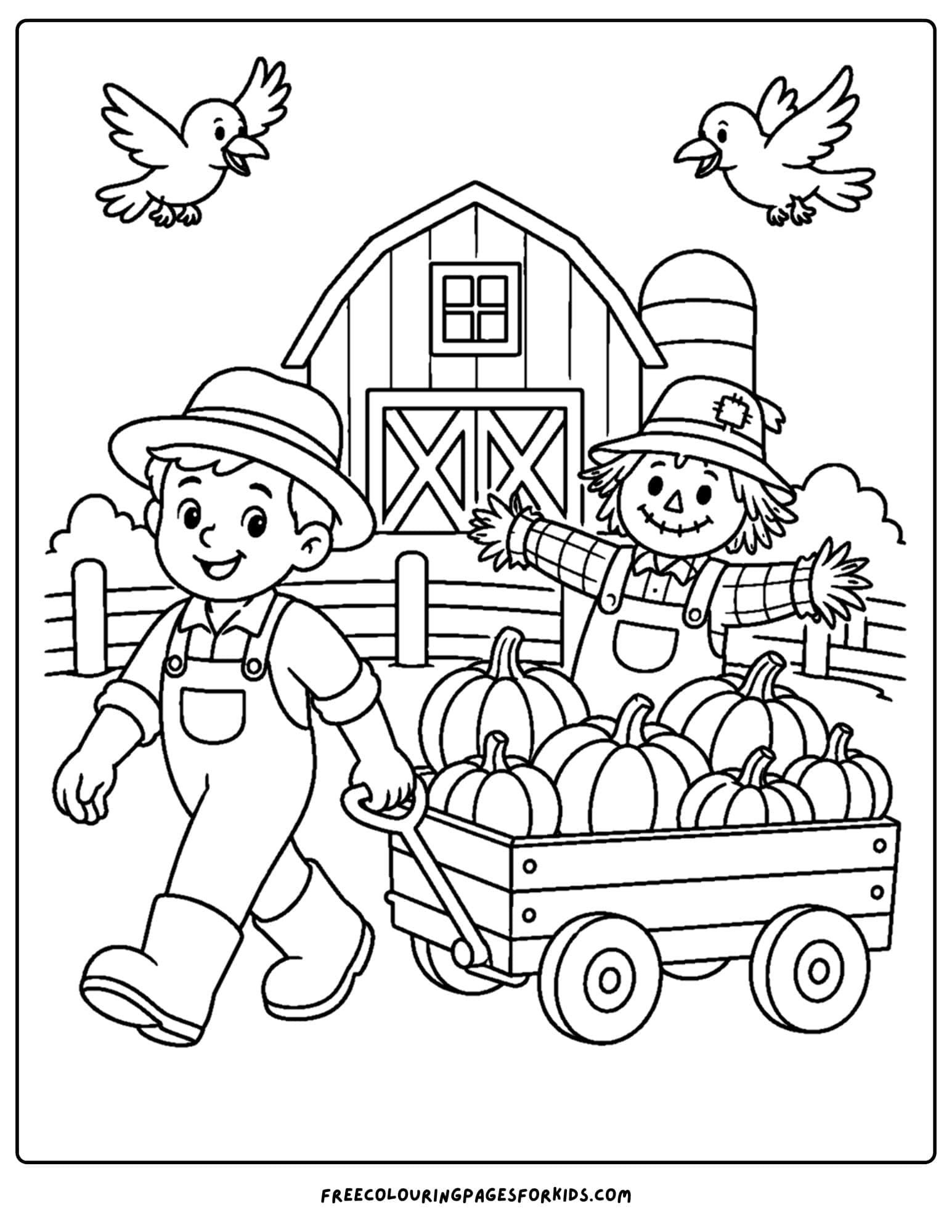 a harvest coloring page showing a farmer pulling a wagon of pumpkins