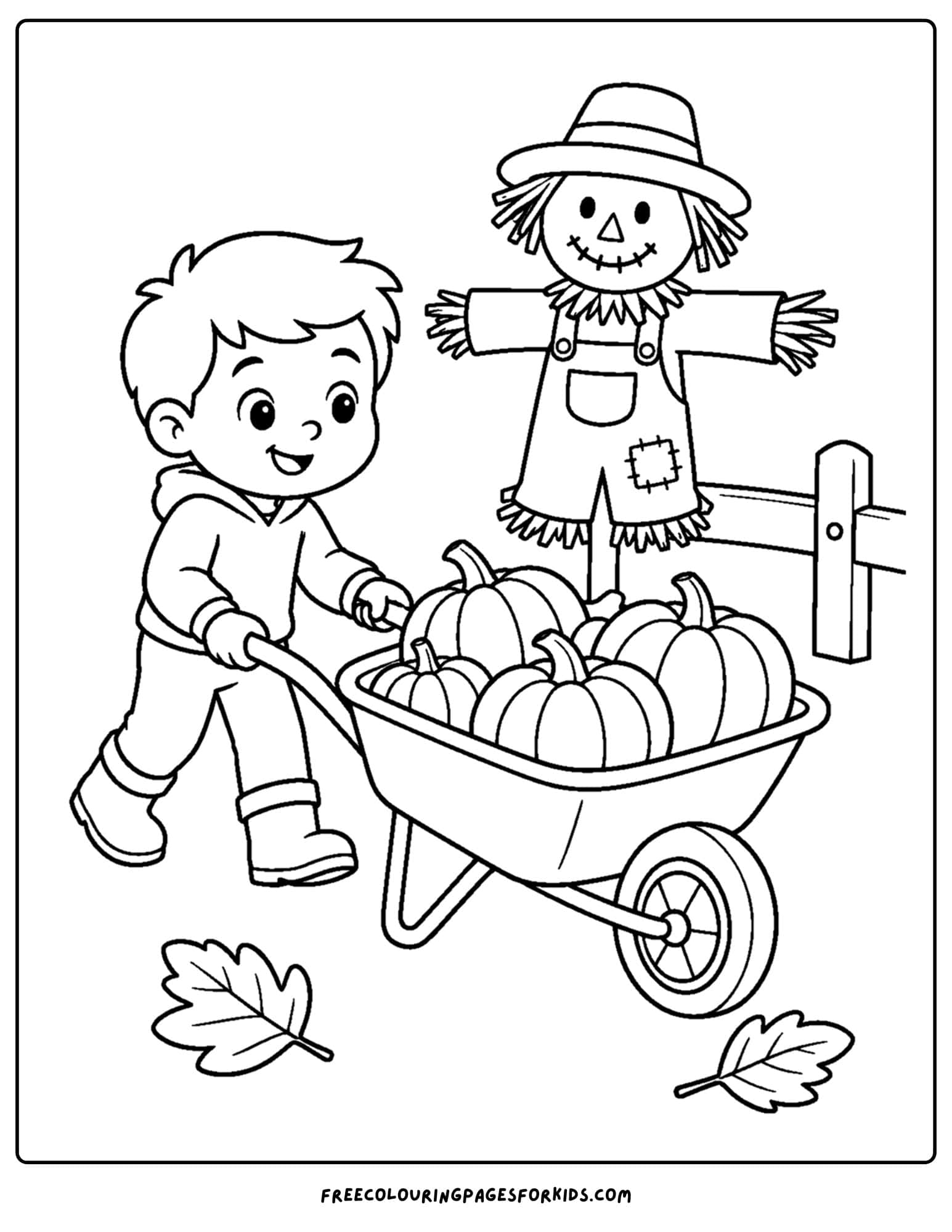 a harvest coloring page showing a child pushing a wheelbarrow full of pumpkins
