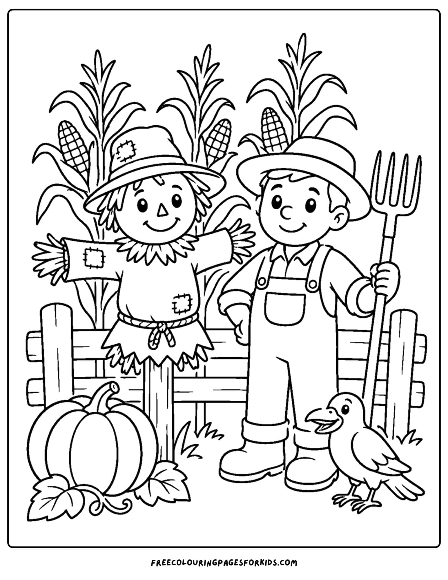 a harvest coloring page showing a farmer standing next to a scarecrow in a field