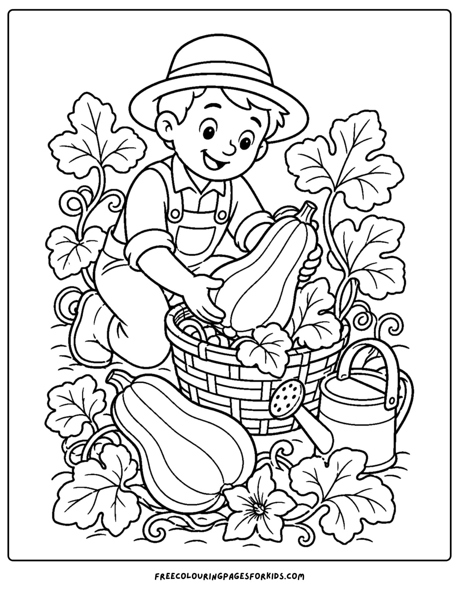a harvest coloring page showing a farmer putting a giant squash in a basket