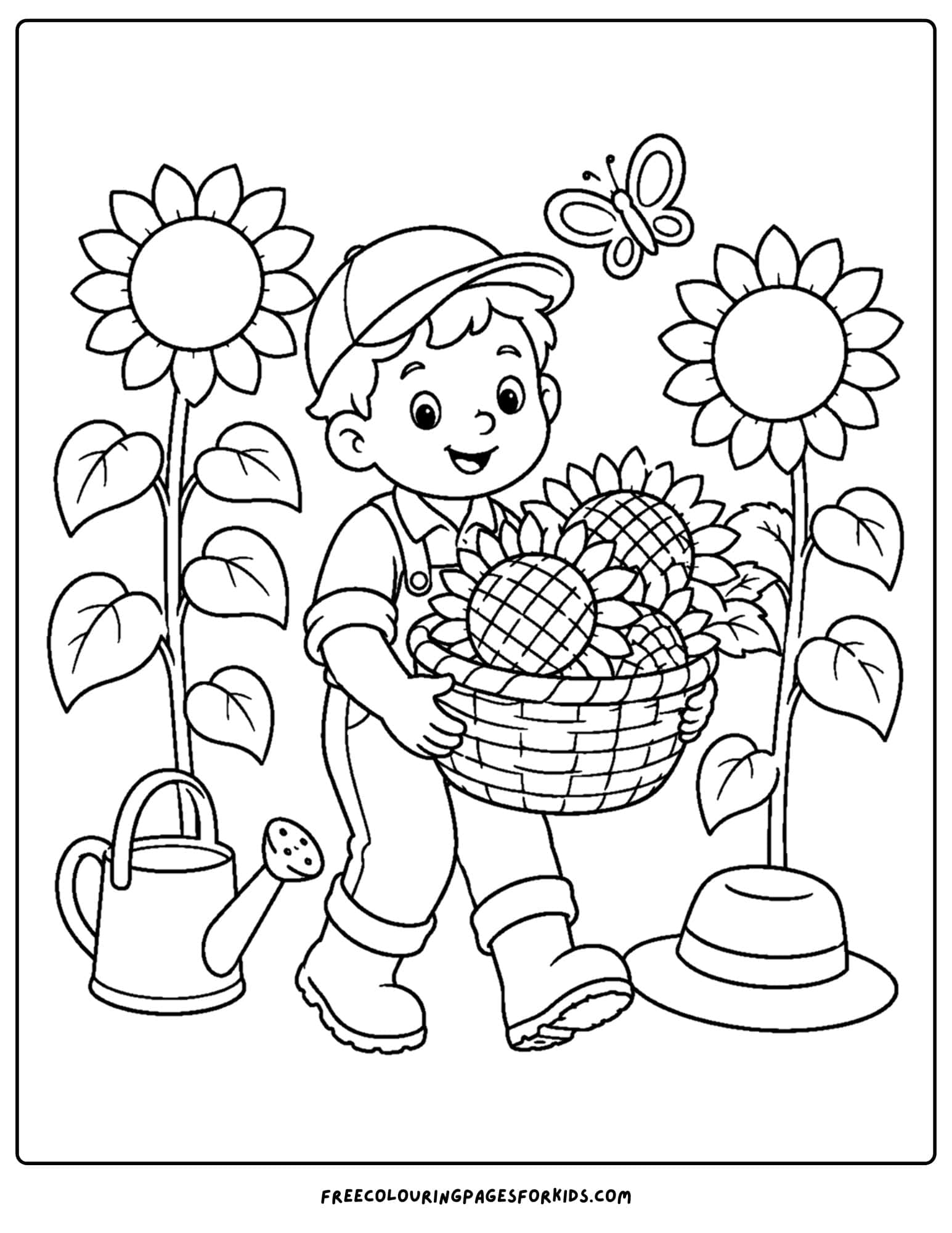 a harvest coloring page showing a farmer harvesting sunflowers
