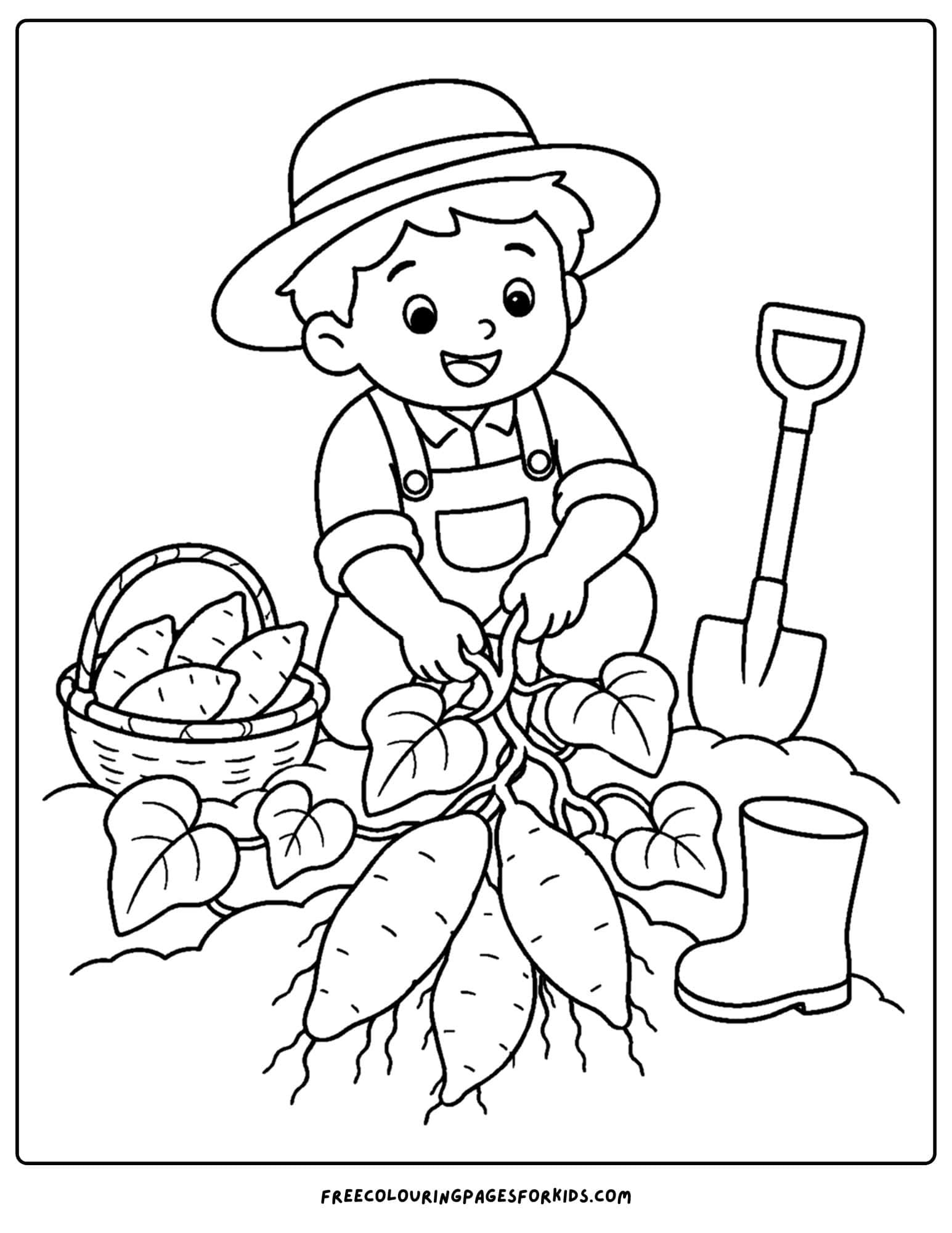a harvest coloring page showing a farmer digging up sweet potatoes