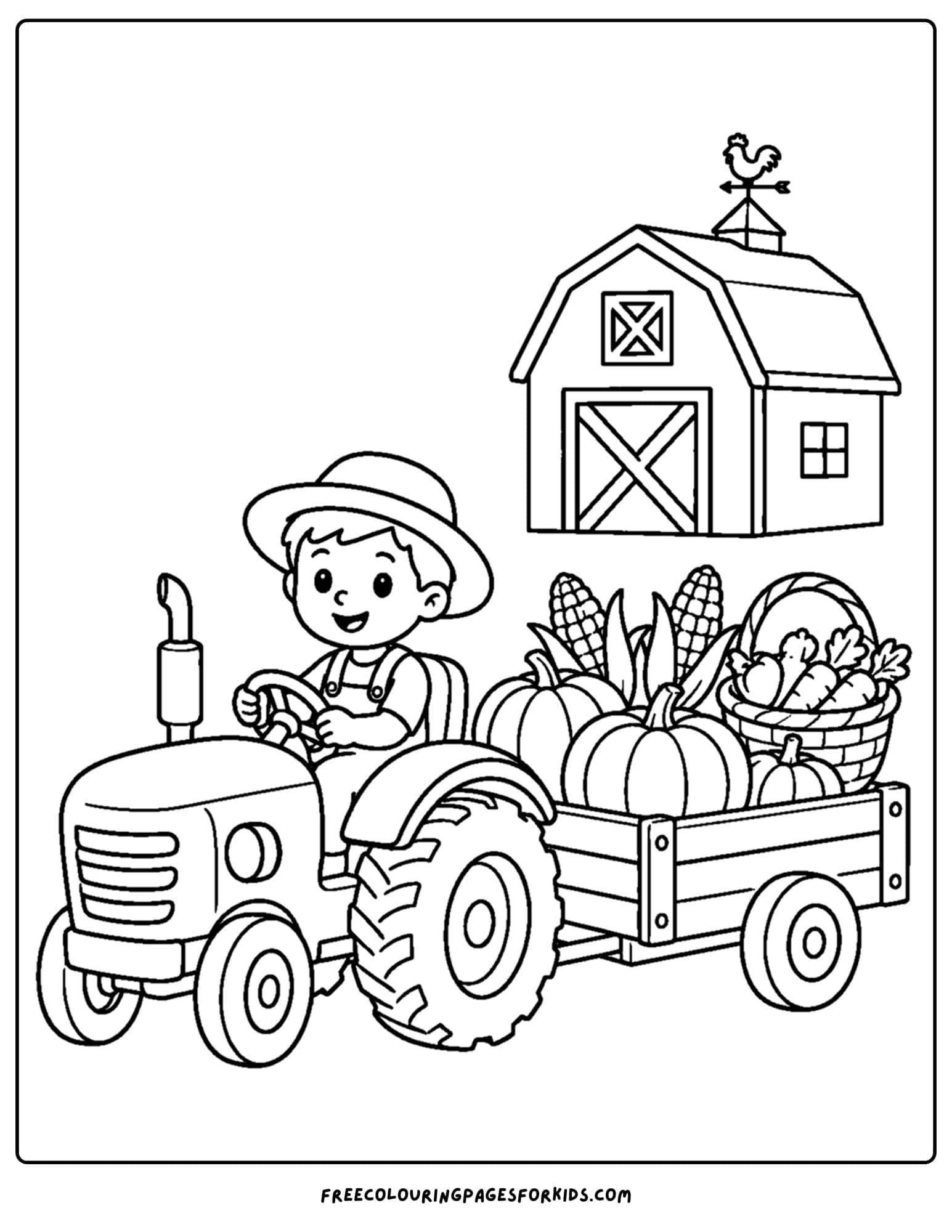 a harvest coloring page showing a farmer driving a tractor full of produce