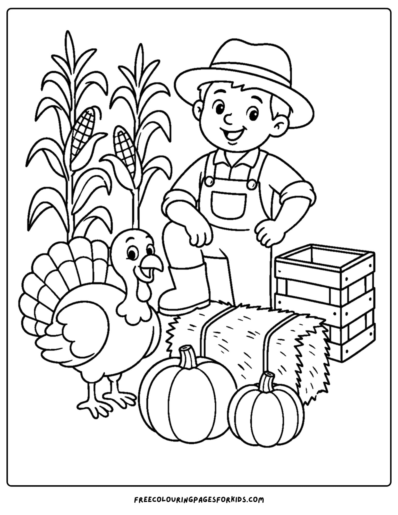 a harvest coloring page showing a farmer with a turkey standing next to some corn growing, pumpkins and a hay bale