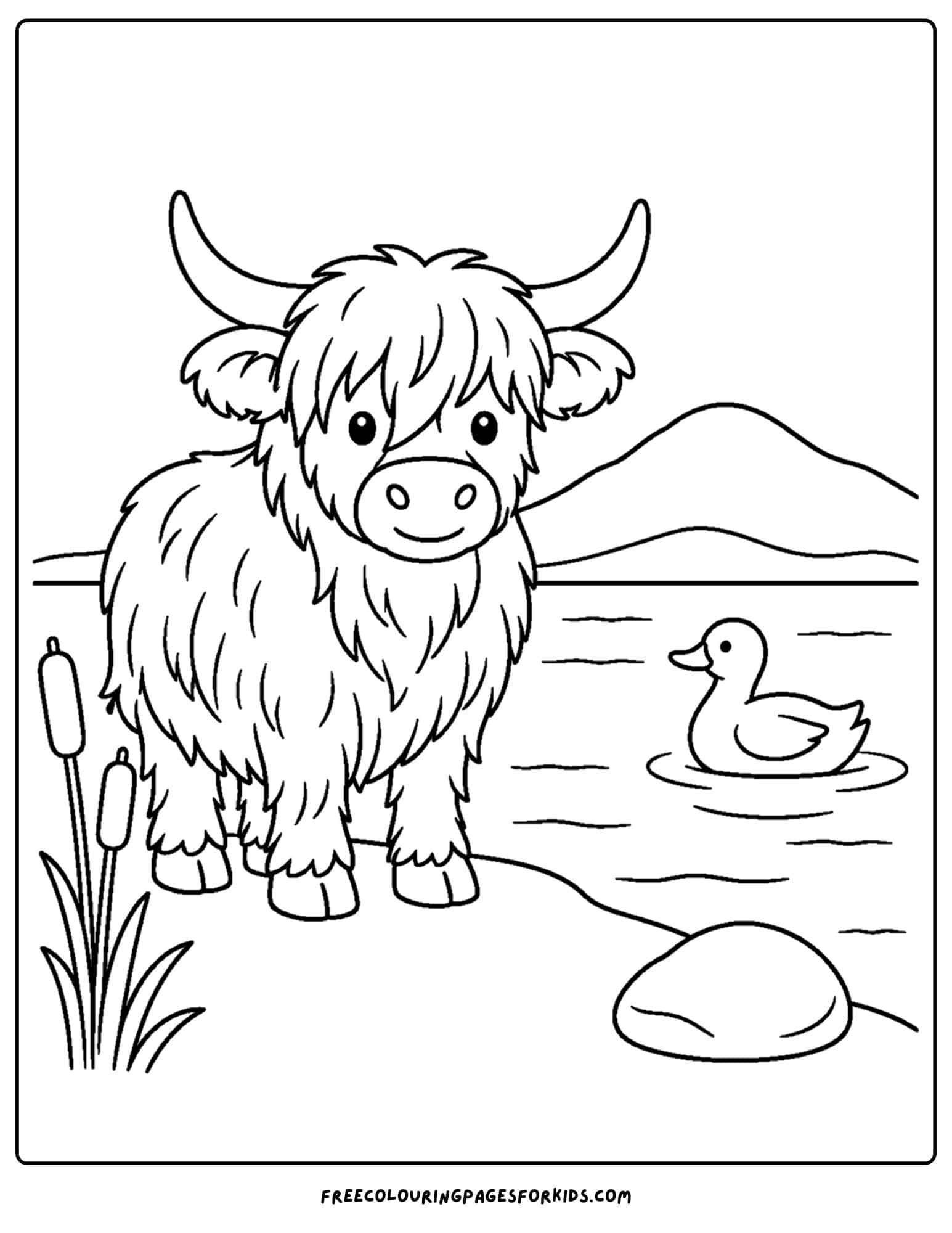 a coloring page of a highland cow beside a lake with a duck in it