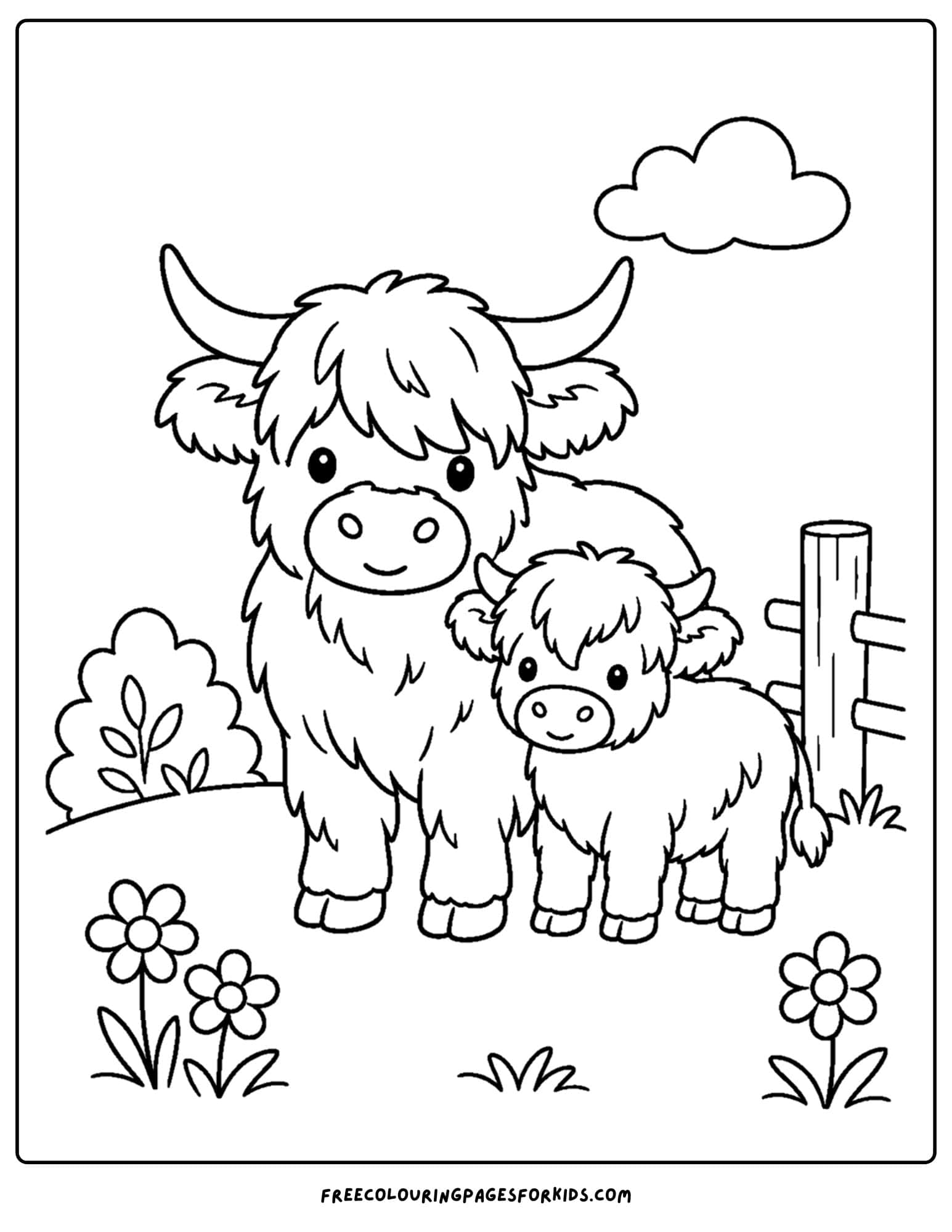 a coloring page of a highland cow and a calf in a field