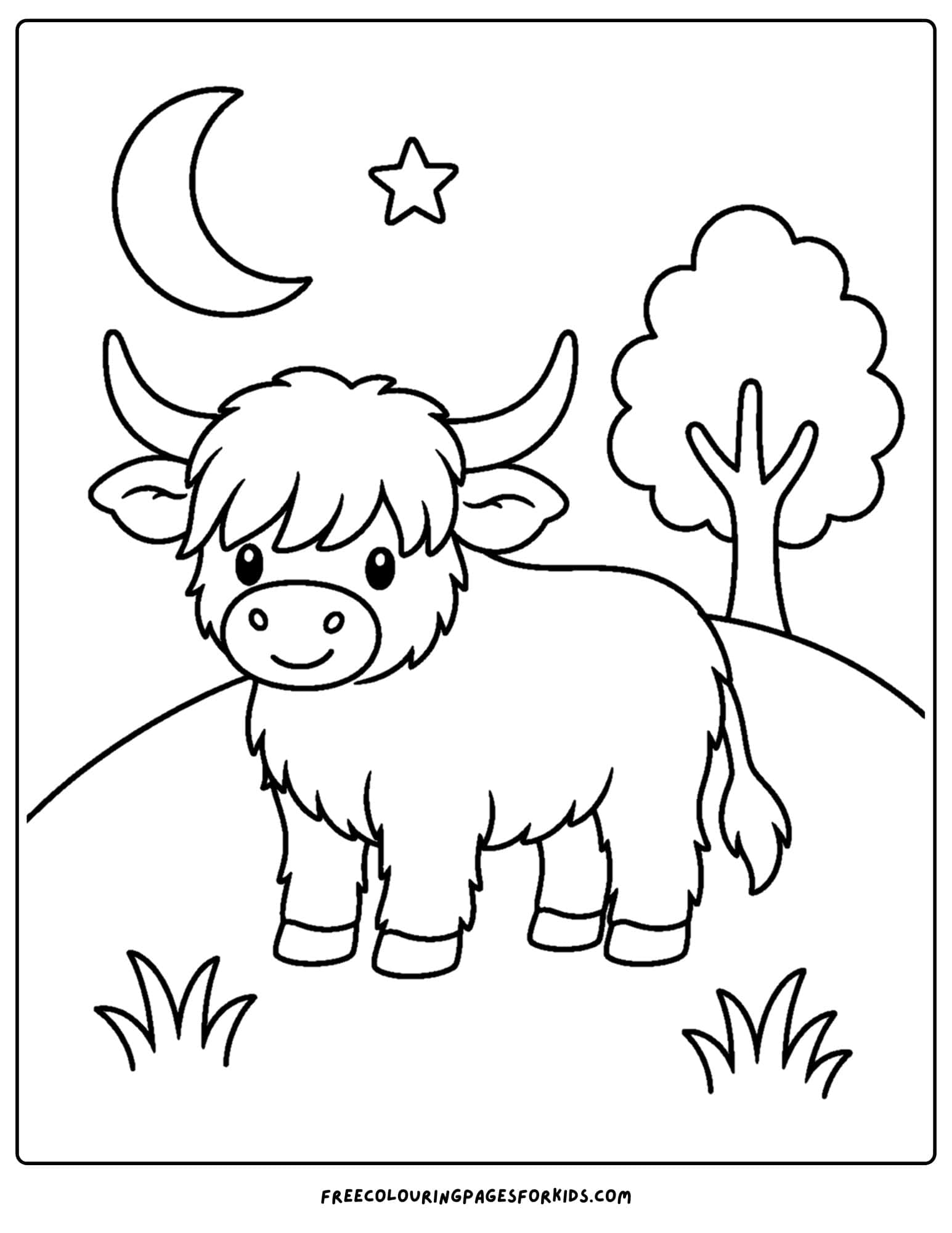 a coloring page of a highland cow at dusk as the moon comes up
