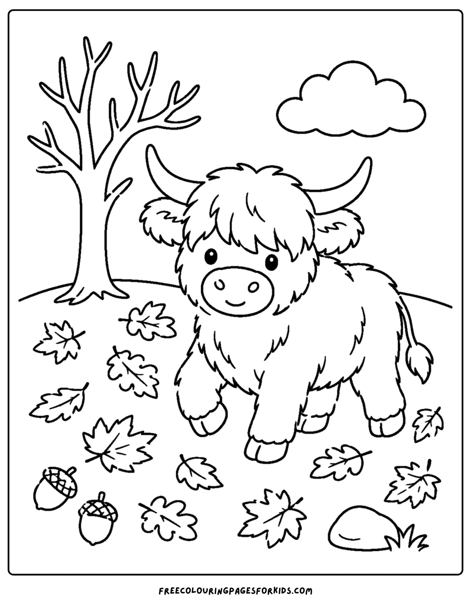 a coloring page of a highland cow amongst the fall leaves