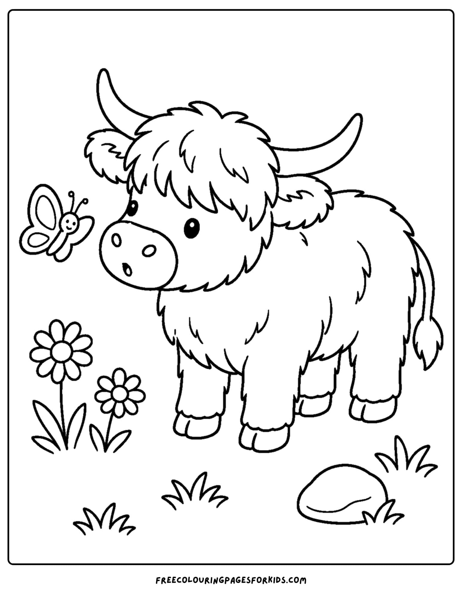 a coloring page of a highland cow looking at a butterfly