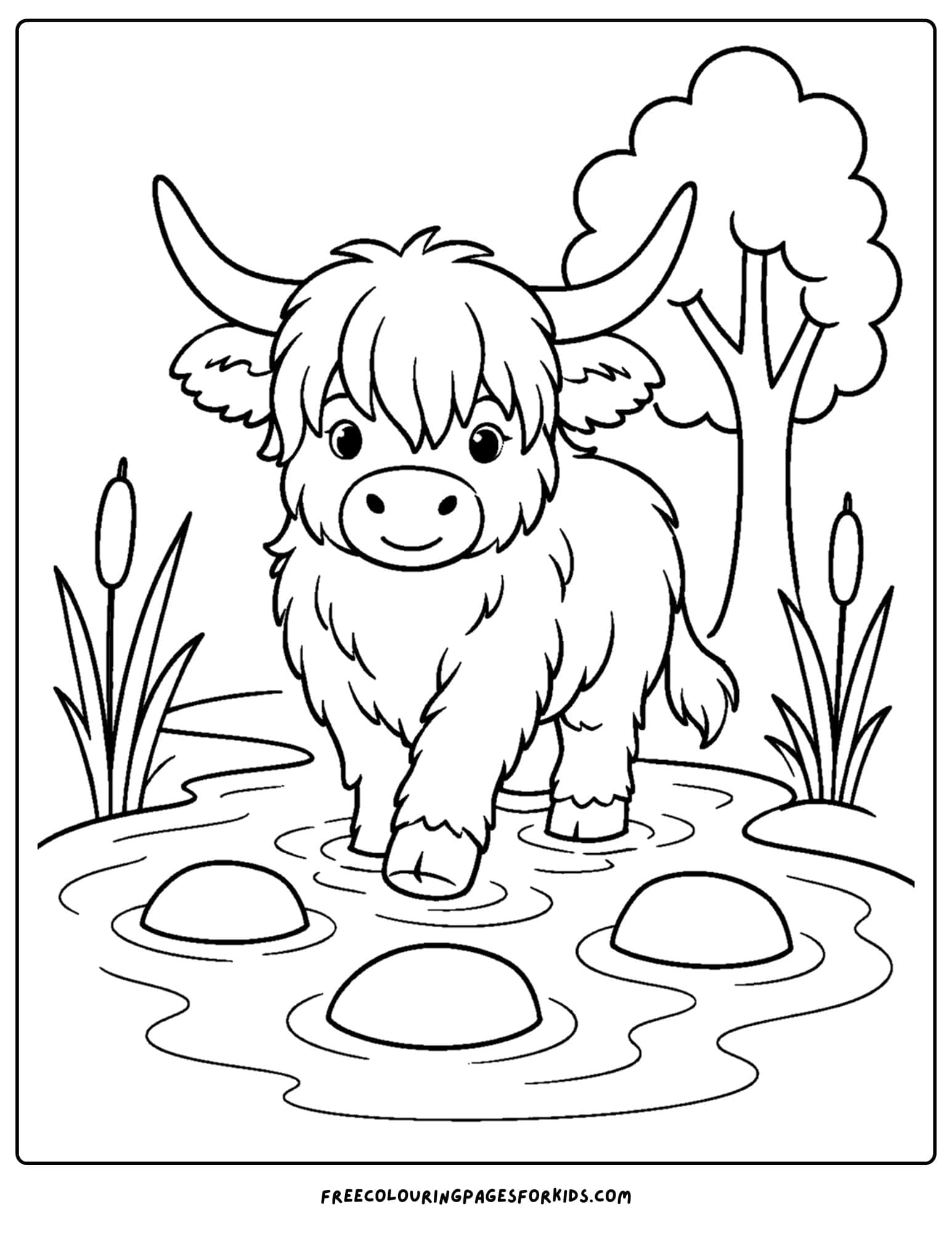 a coloring page of a highland cow crossing a stream