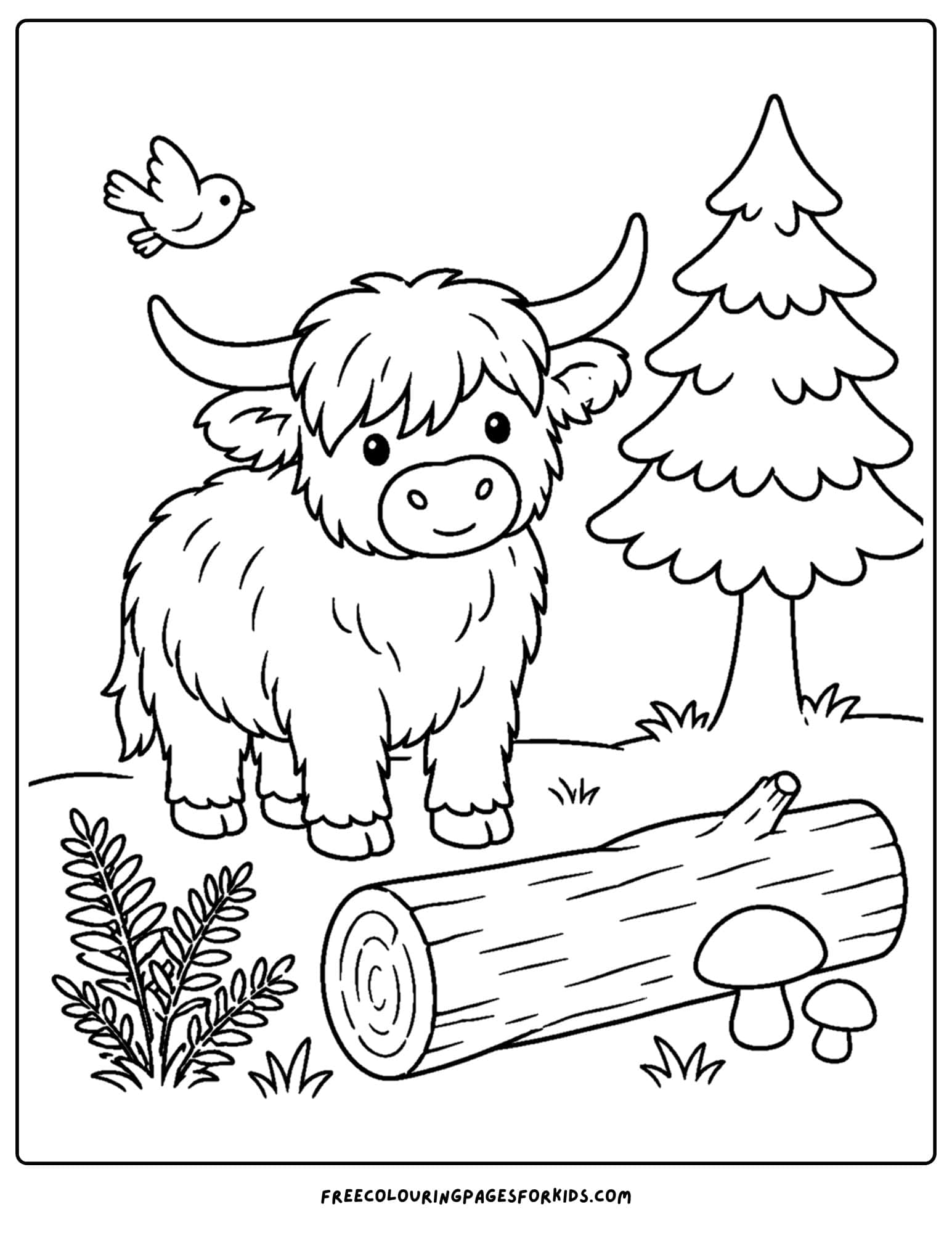 a coloring page of a highland cow beside a fallen log