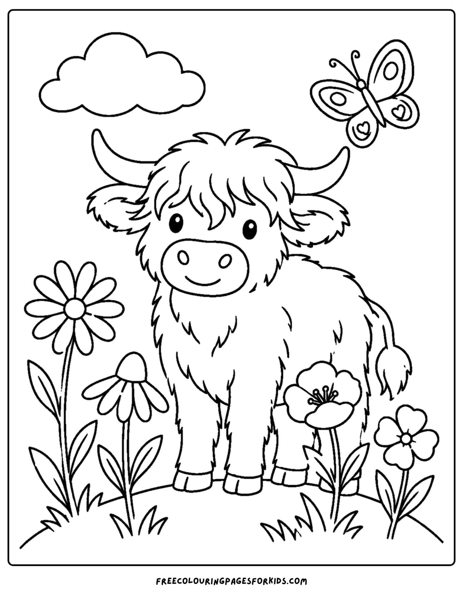 a coloring page of a highland cow in a flower field