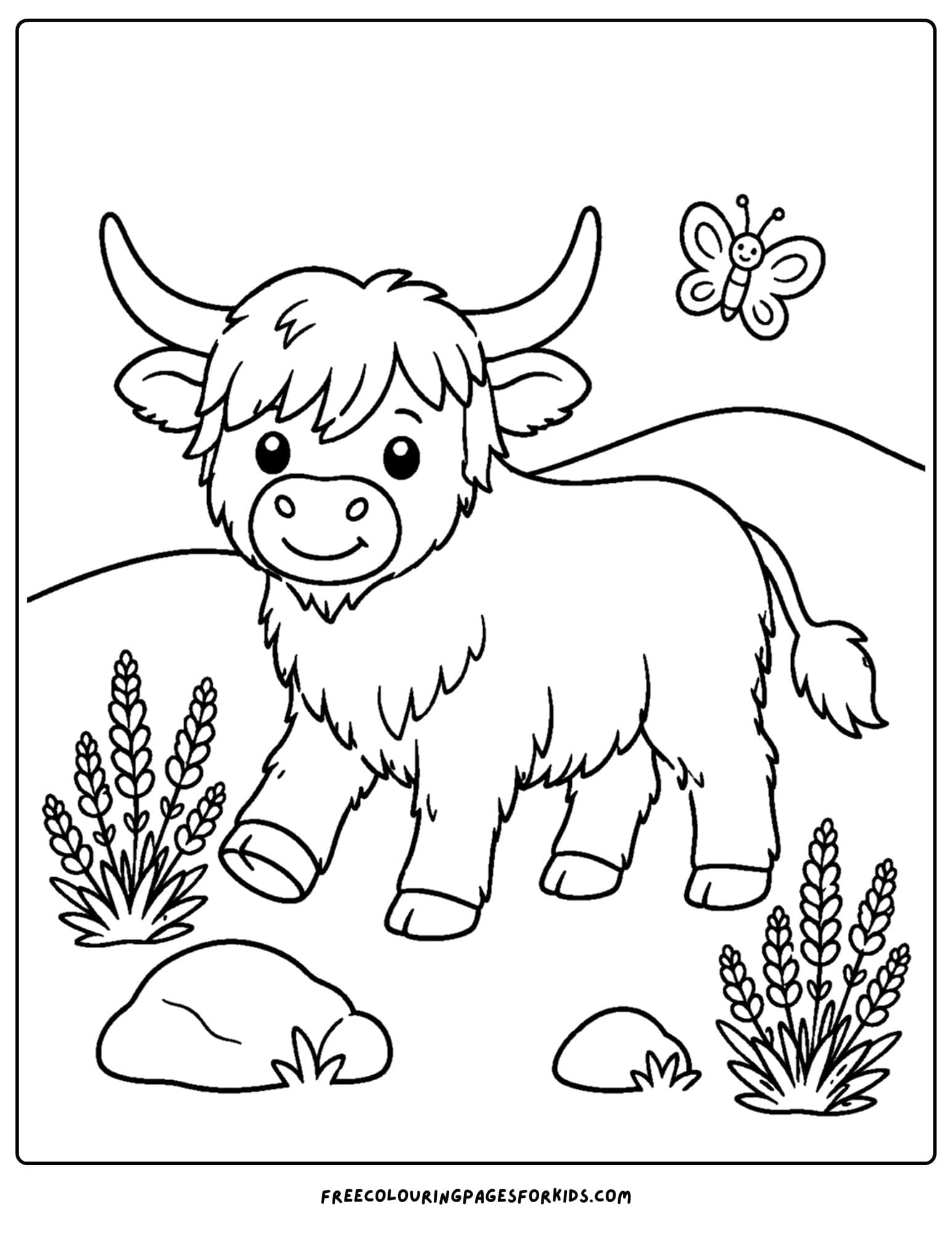 a coloring page of a highland cow going for a walk beside some heather
