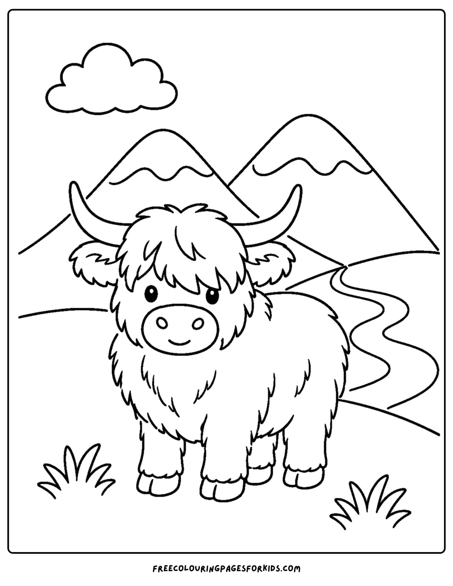 a coloring page of a highland cow in a meadow with mountains behind