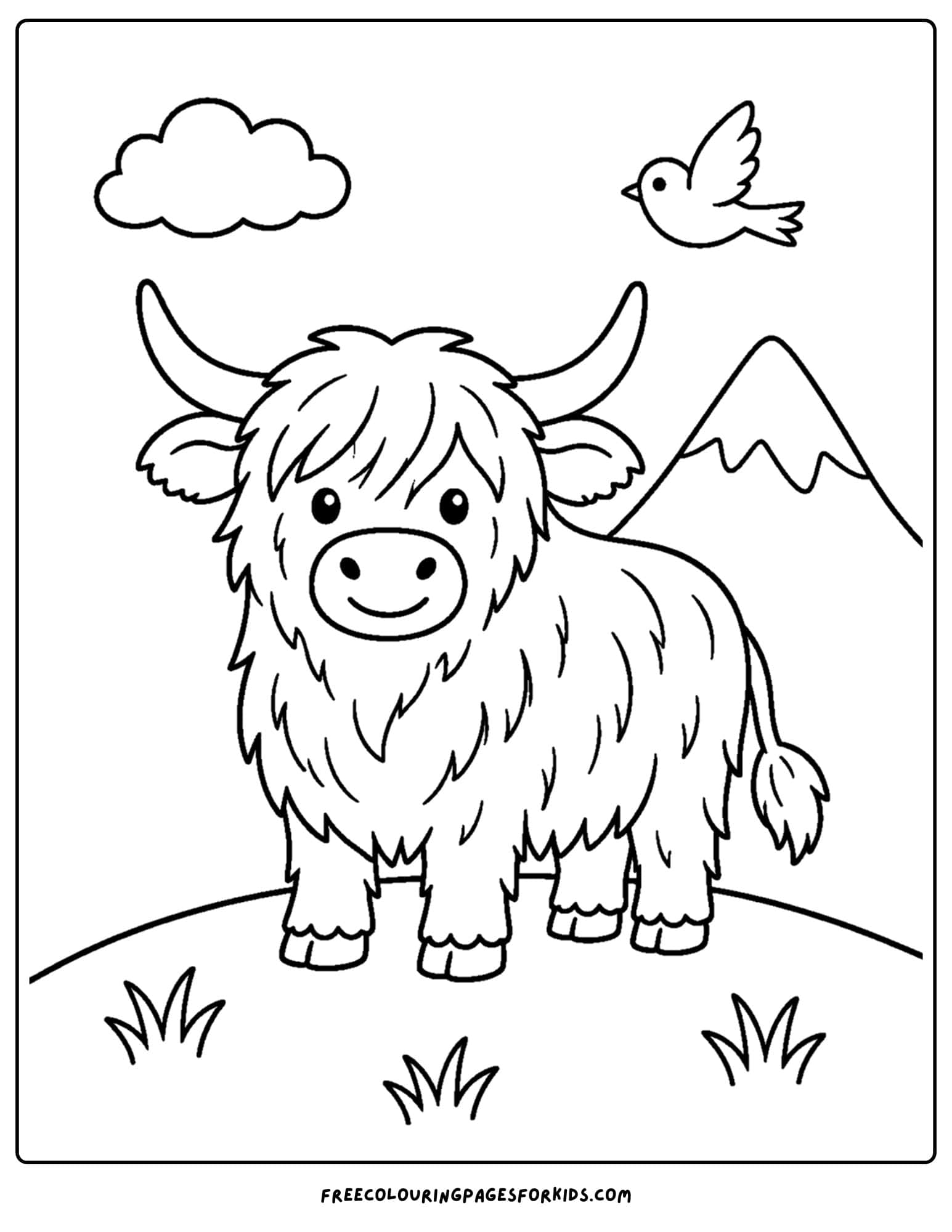 a coloring page of a highland cow on a hillside
