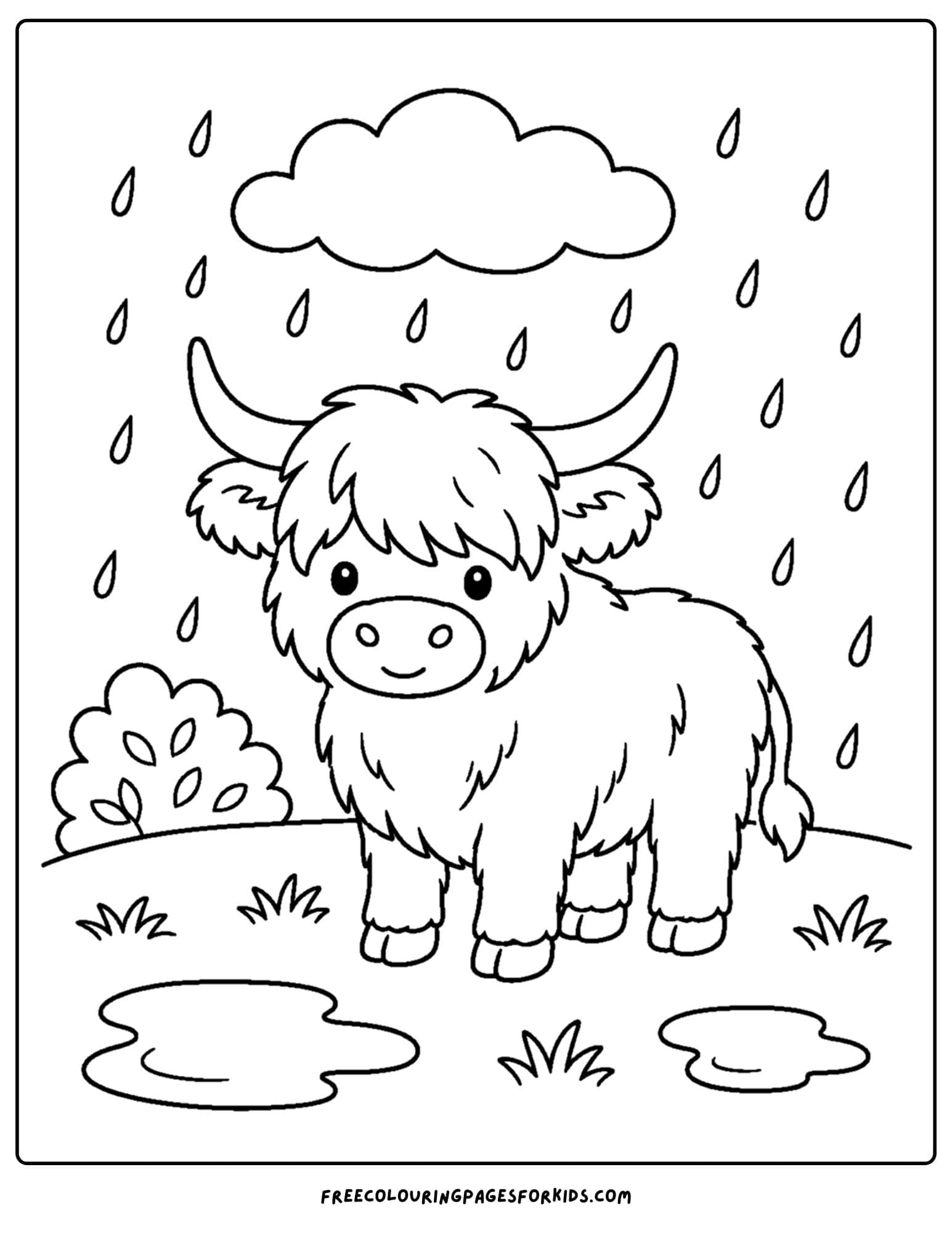a coloring page of a highland cow stuck in the rain