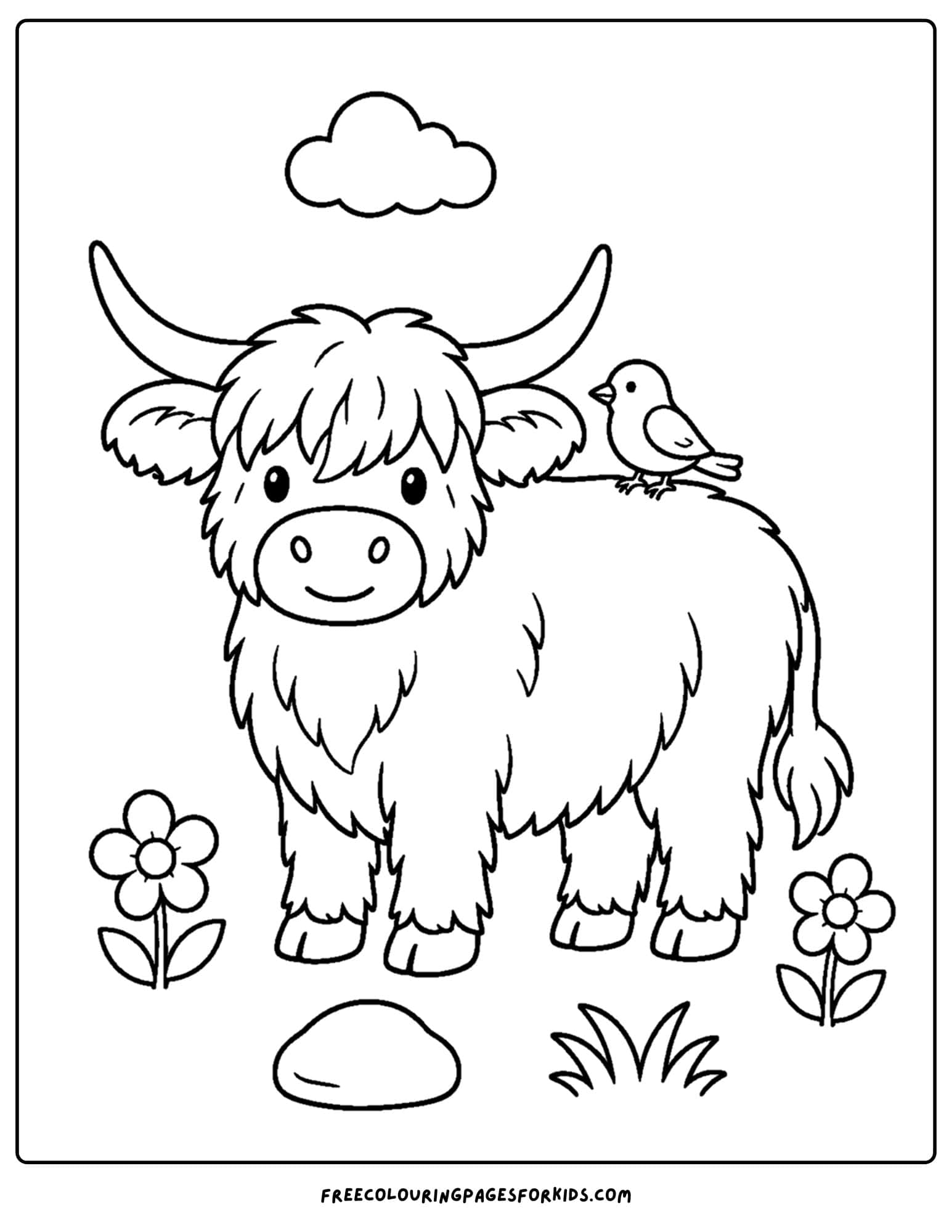 a coloring page of a highland cow with a bird on its back