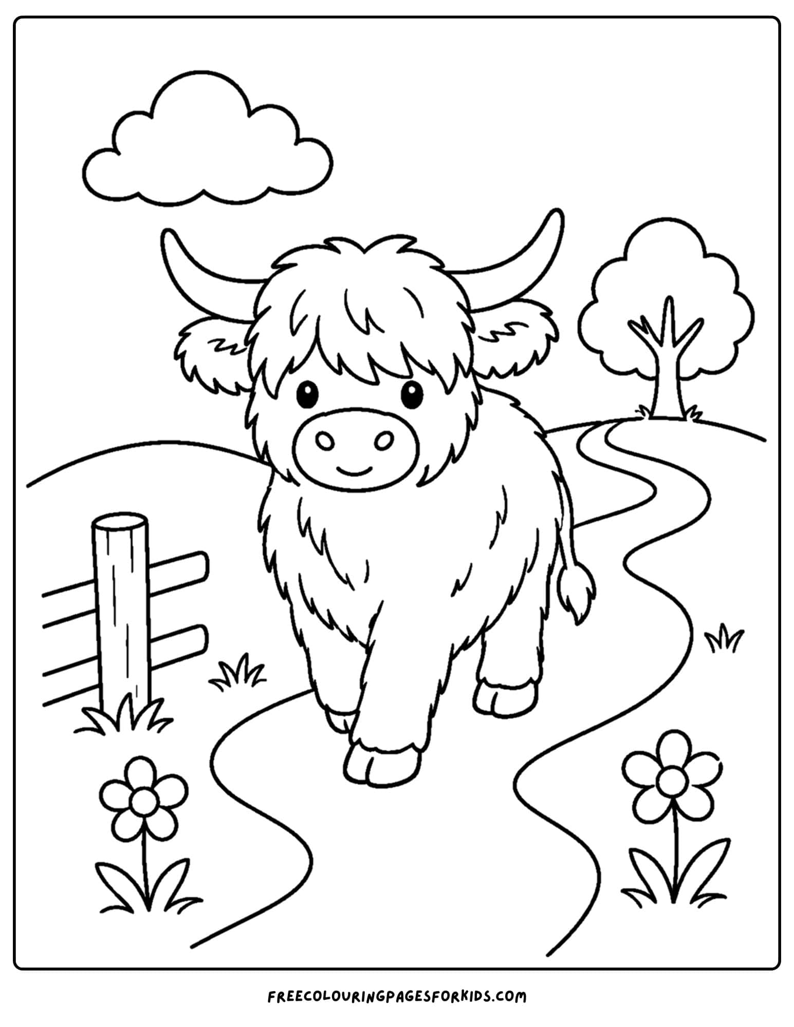 a coloring page of a highland cow walking along a path