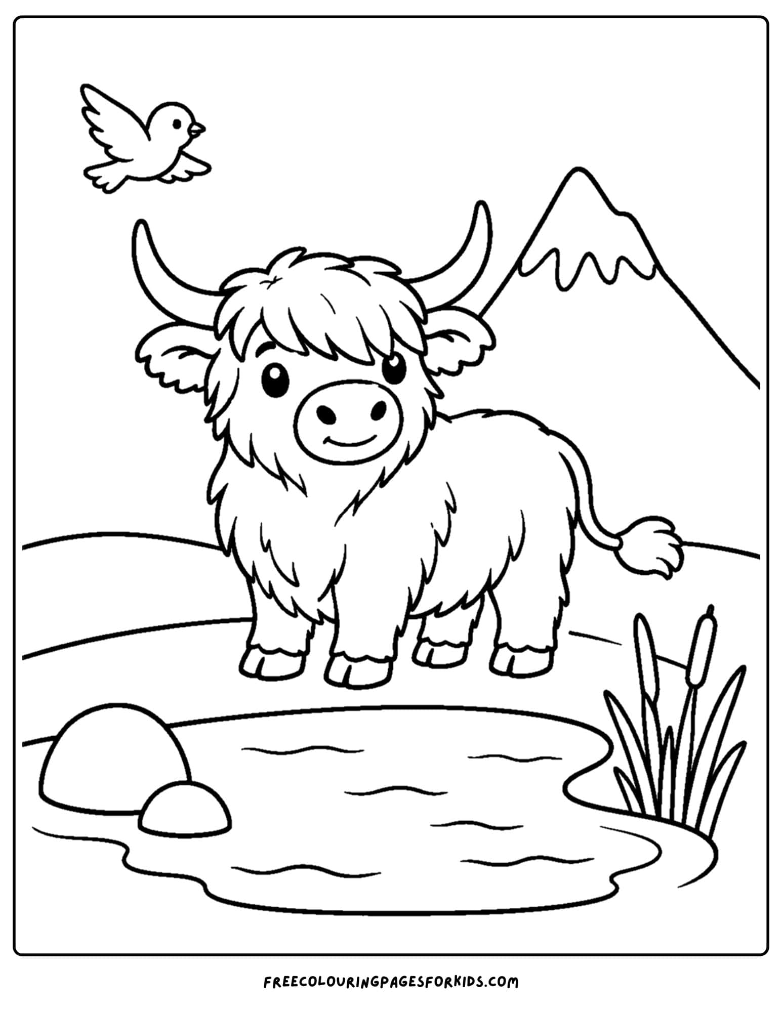 a coloring page of a highland cow beside some water with a mountain behind