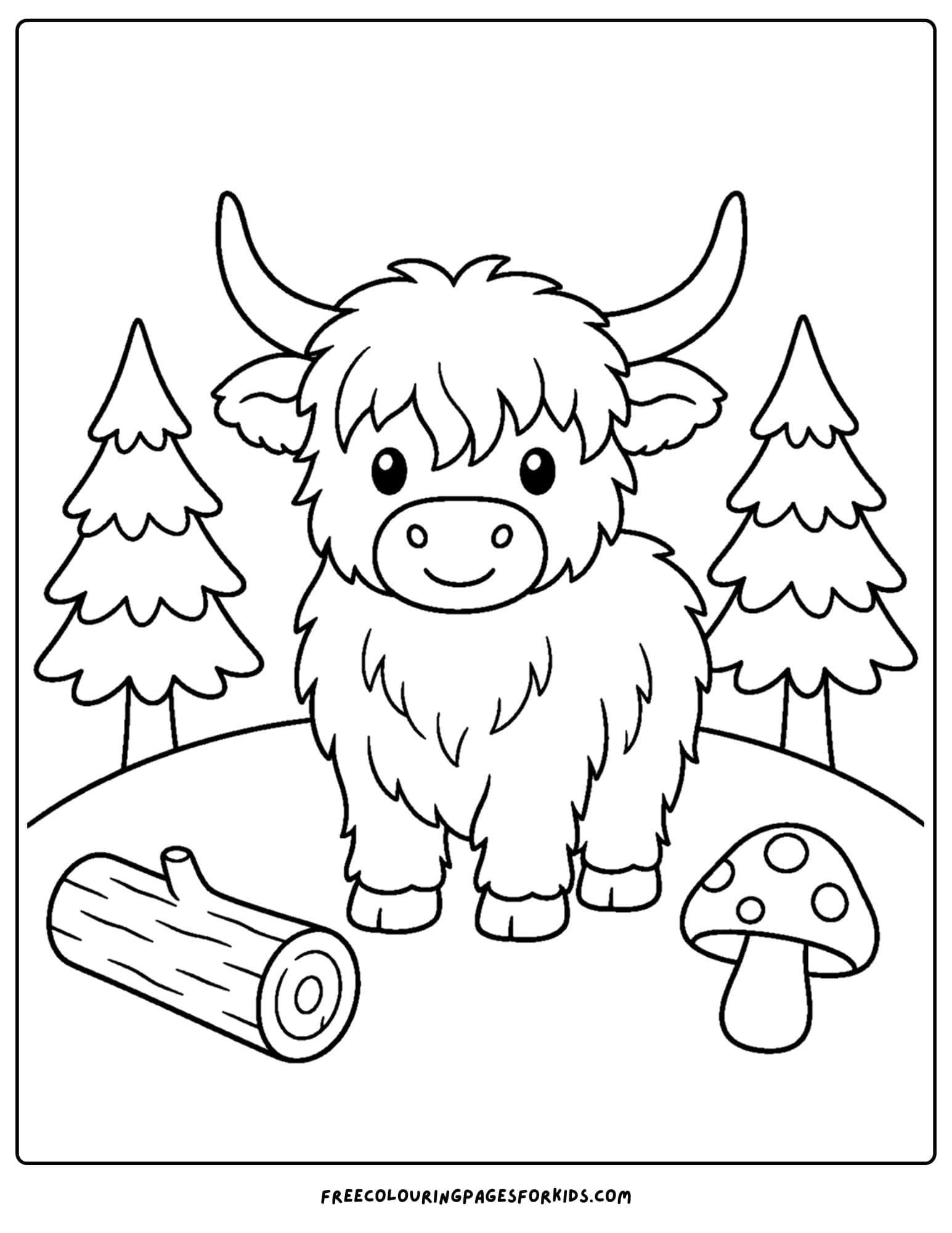 a coloring page of a highland cow amongst some pine trees