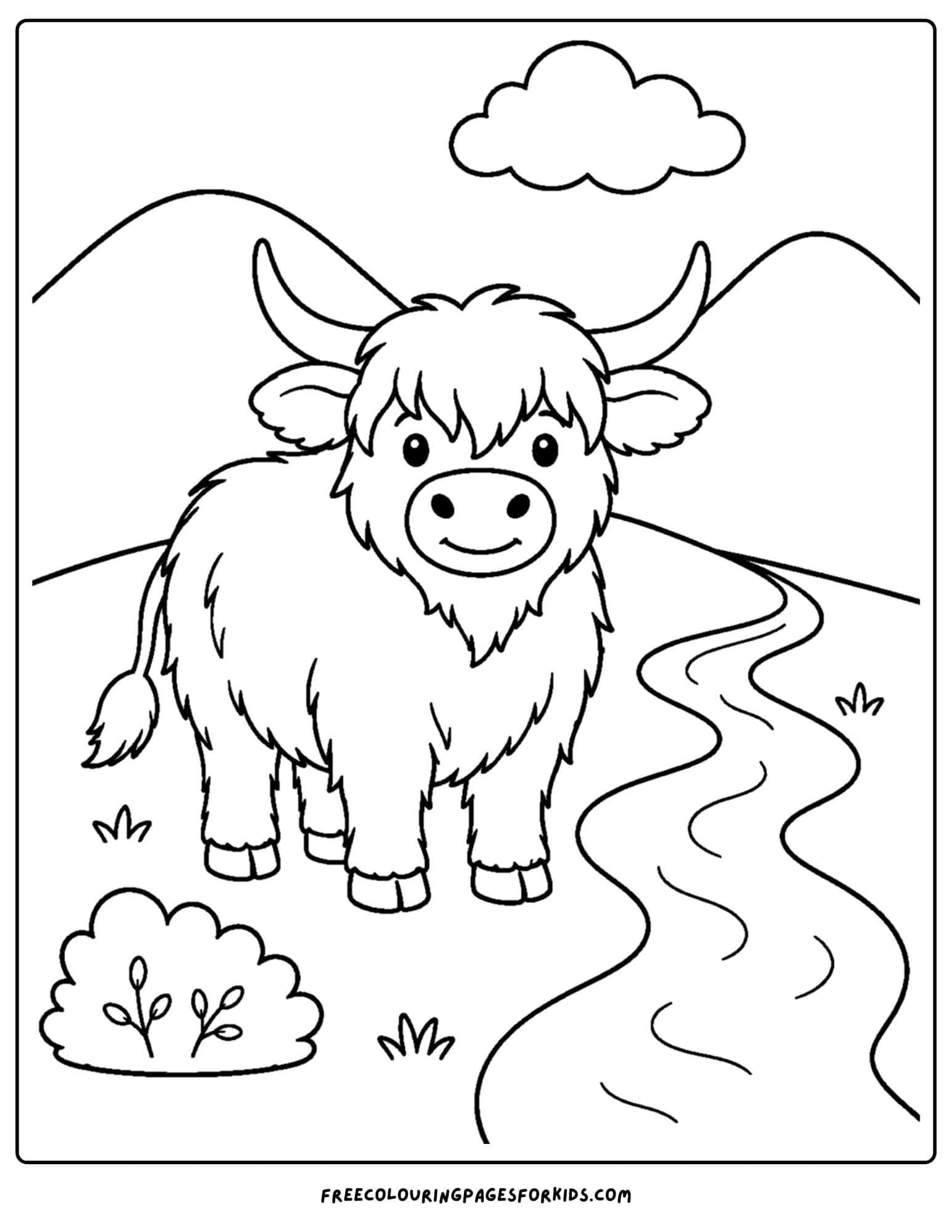 a coloring page of a highland cow beside a stream in a valley