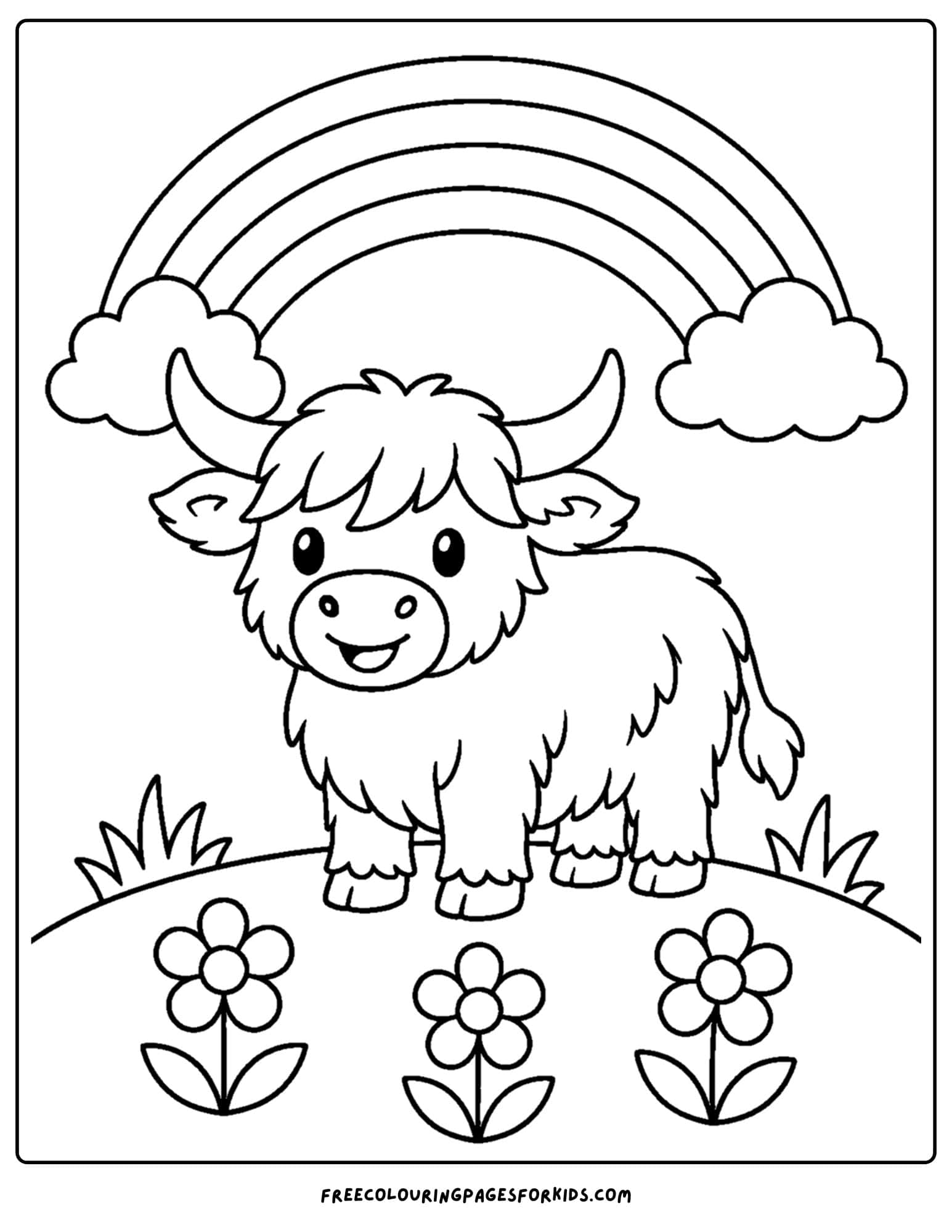 a coloring page of a highland cow under a. rainbow