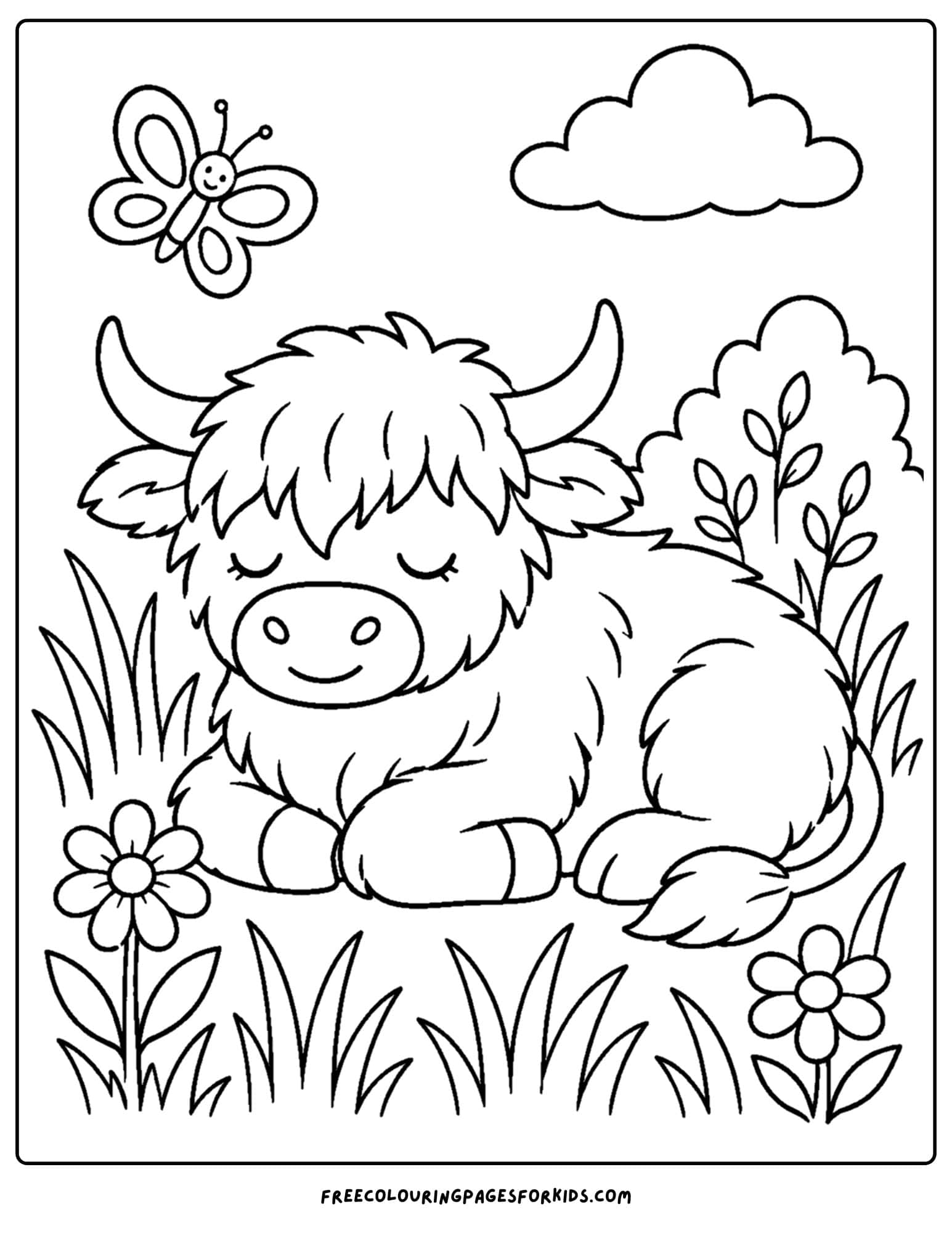 a coloring page of a highland cow resting in some long grass