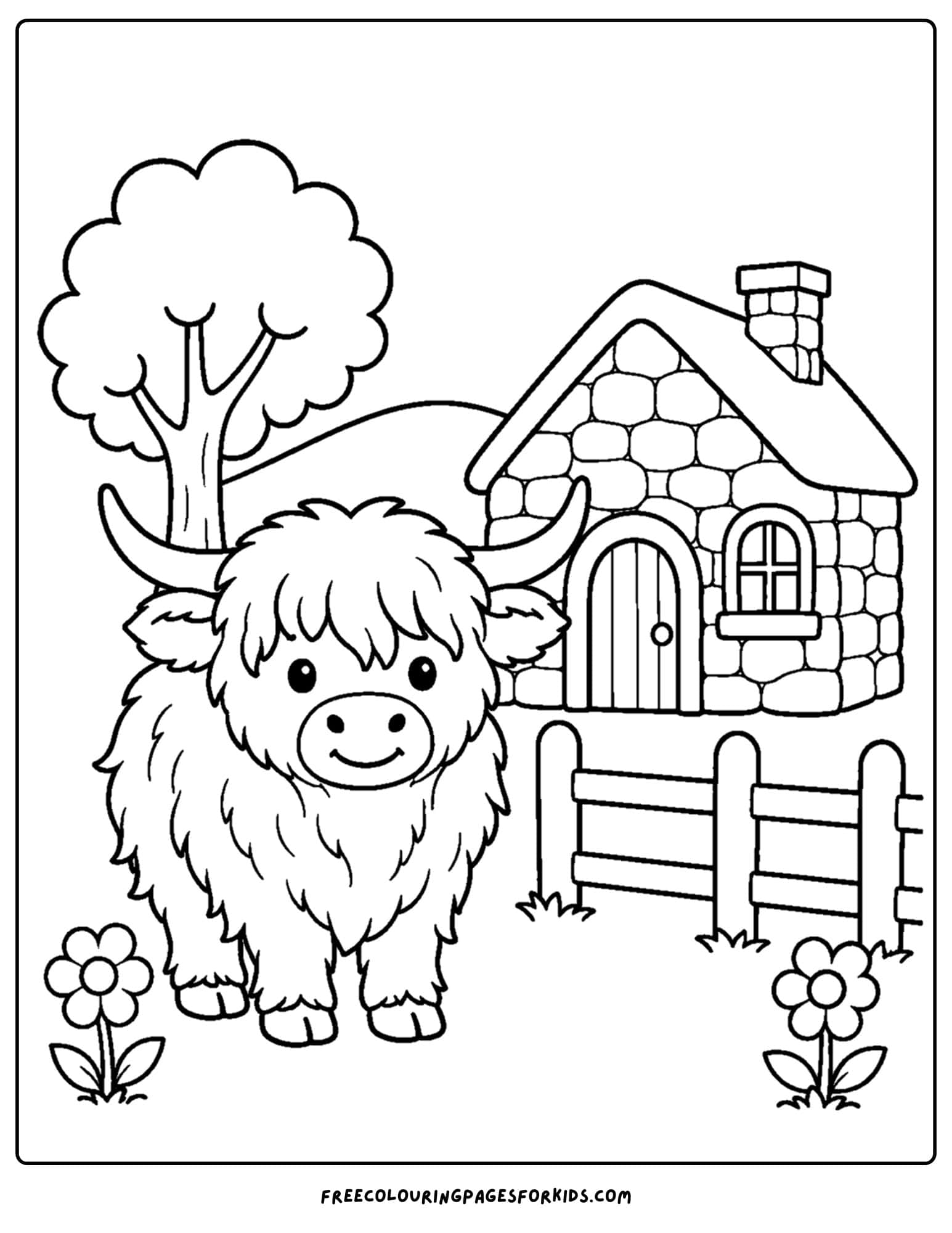 a coloring page of a highland cow beside a stone cottage