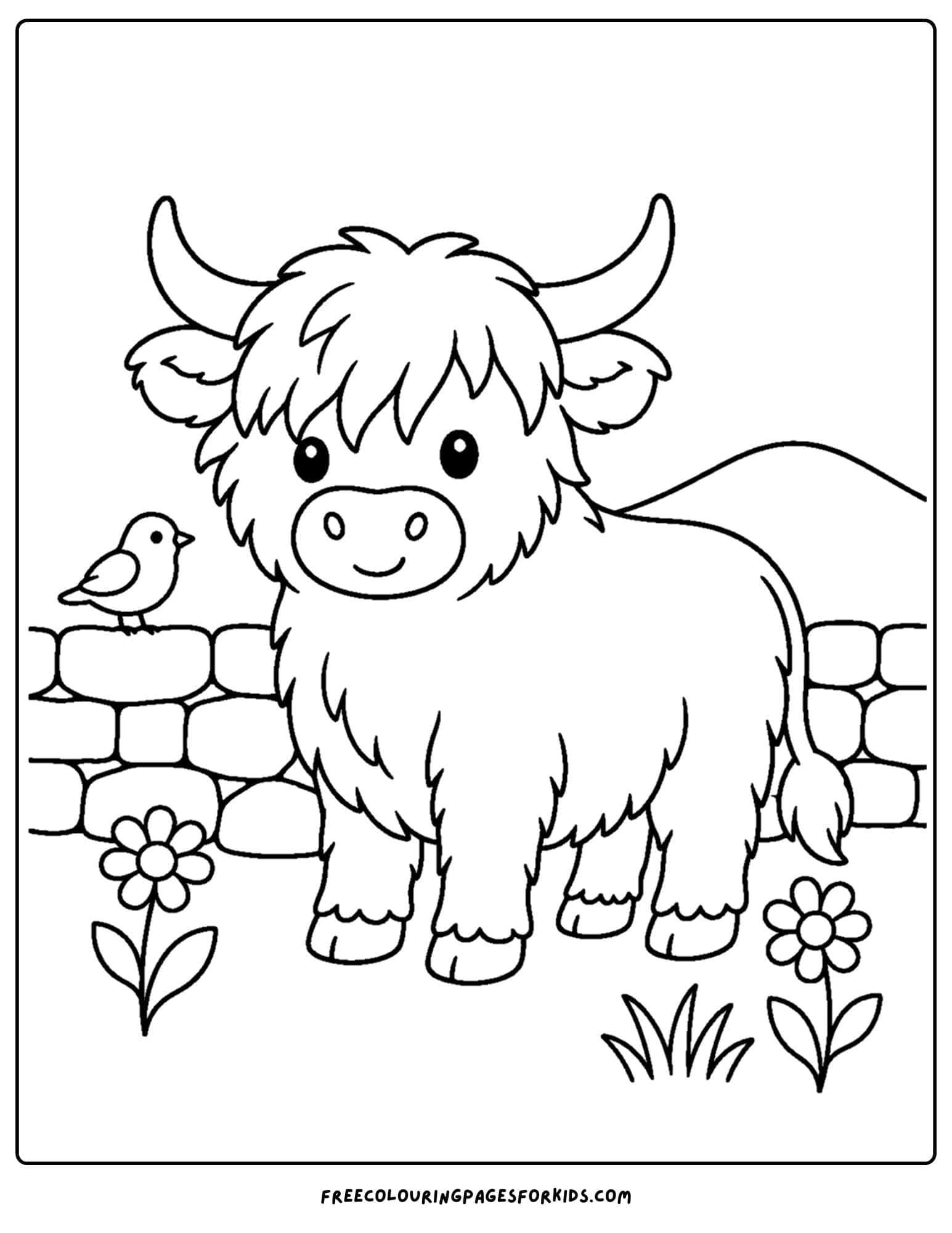 a coloring page of a highland cow beside a stone wall