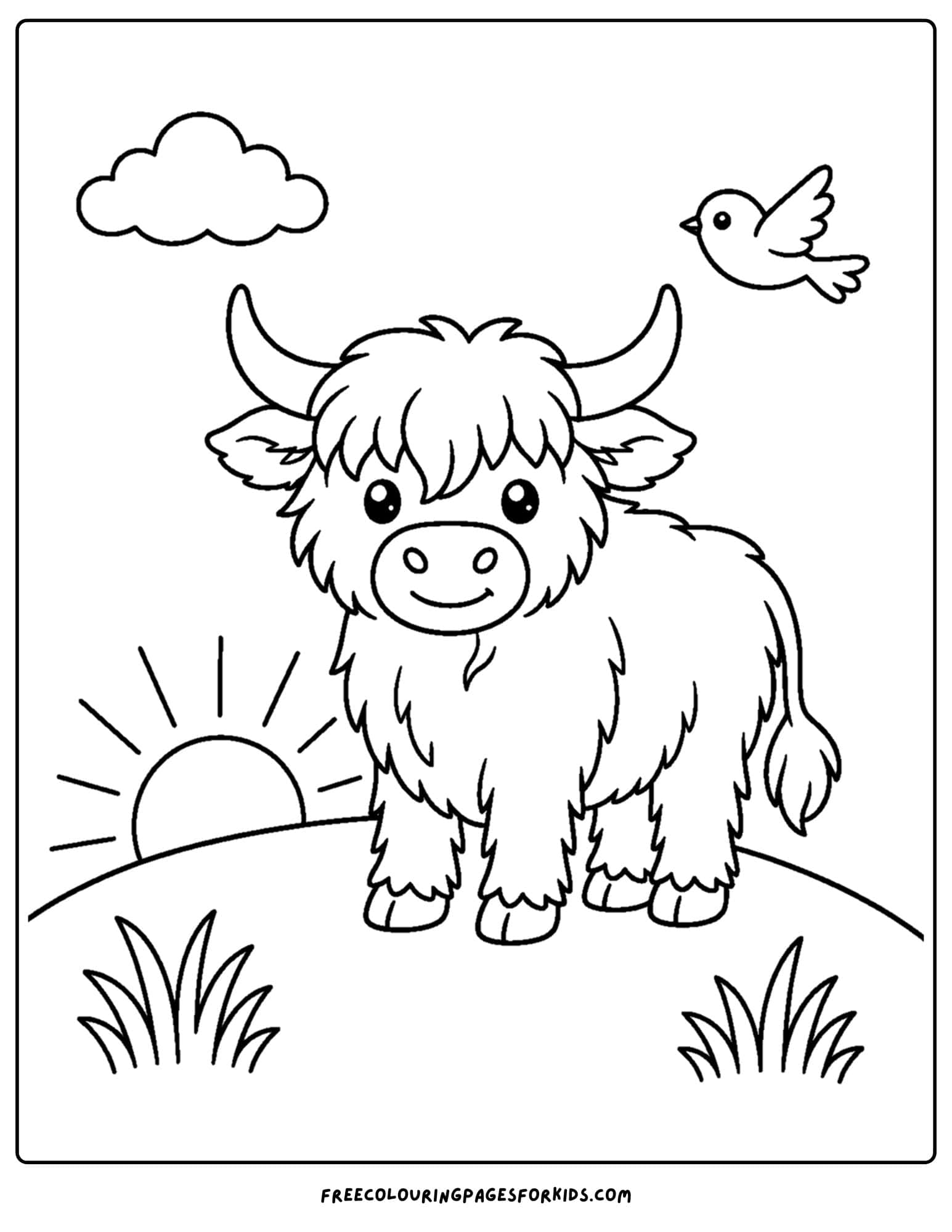 a coloring page of a highland cow at sunrise
