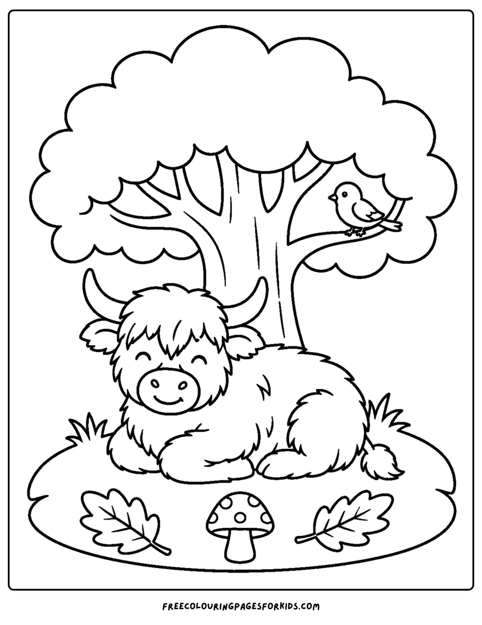 a coloring page of a highland cow resting under a tree