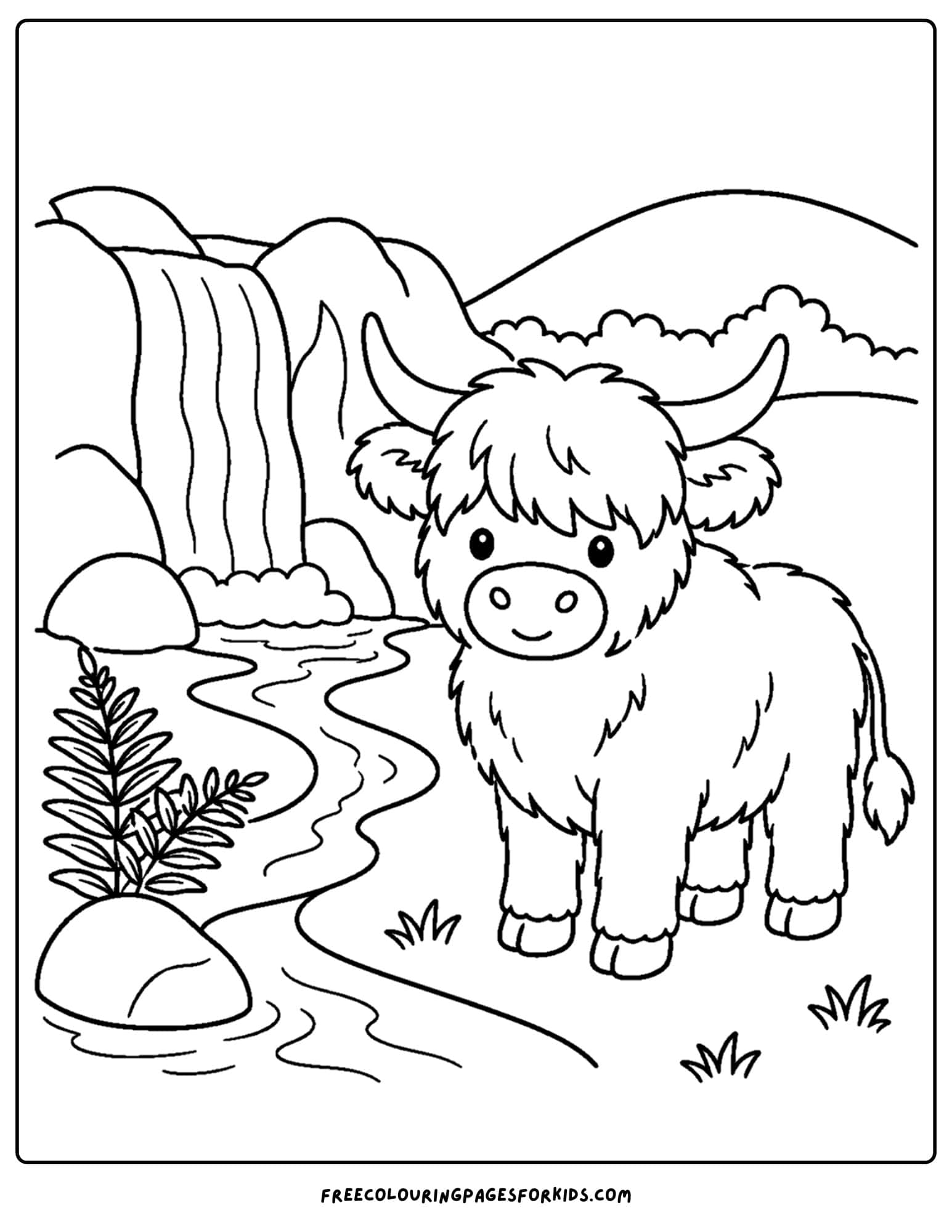 a coloring page of a highland cow beside a waterfall