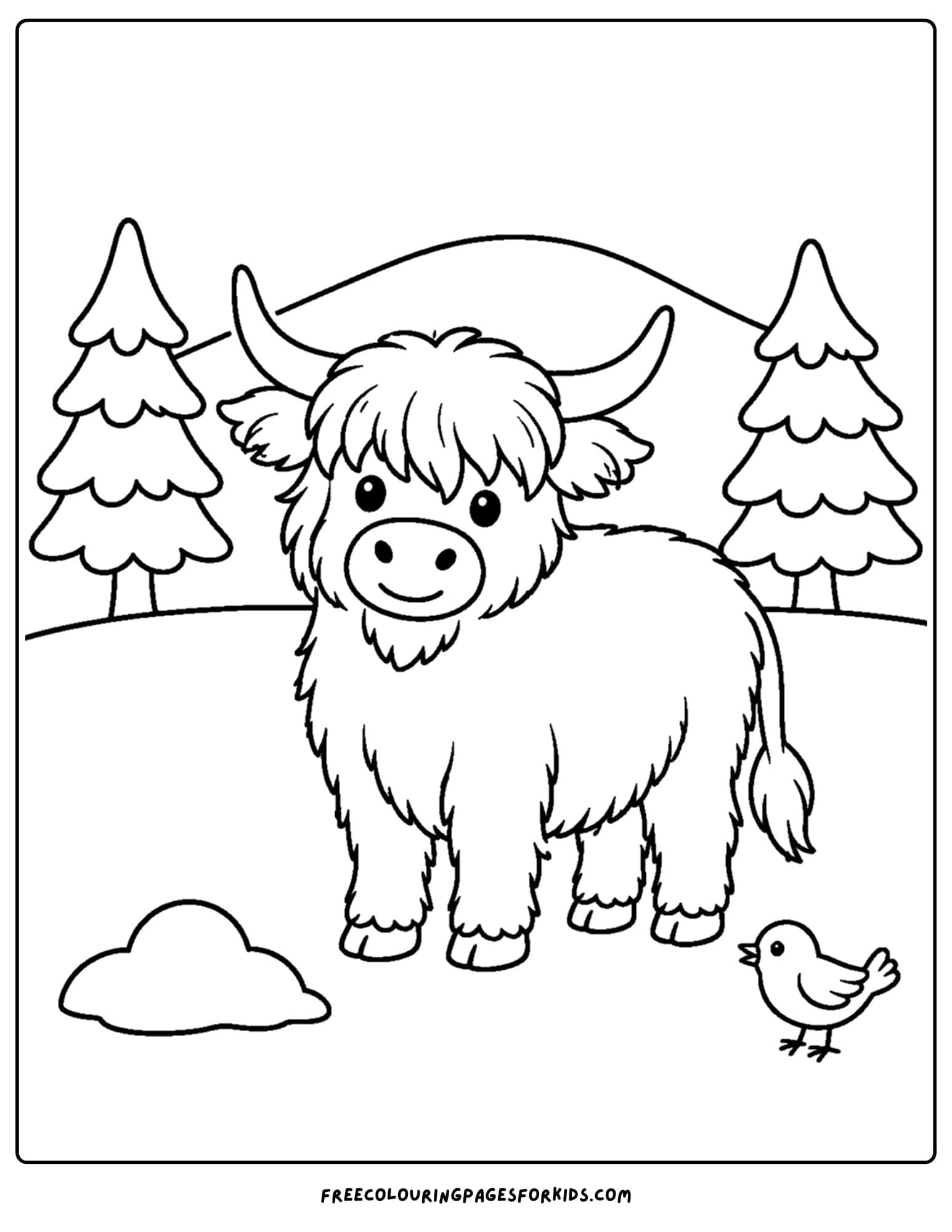 a coloring page of a highland cow in a winter field