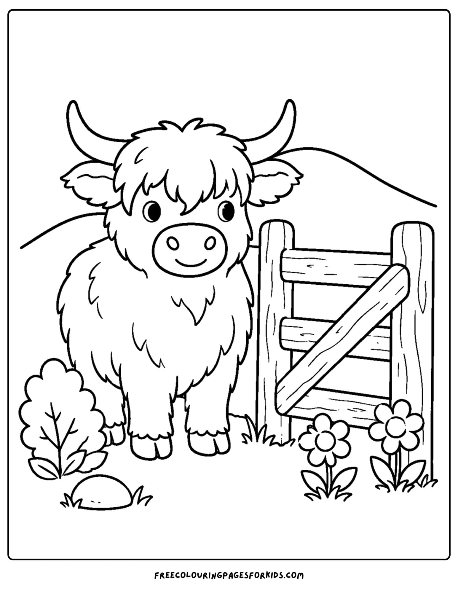 a coloring page of a highland cow next to a wooden gate